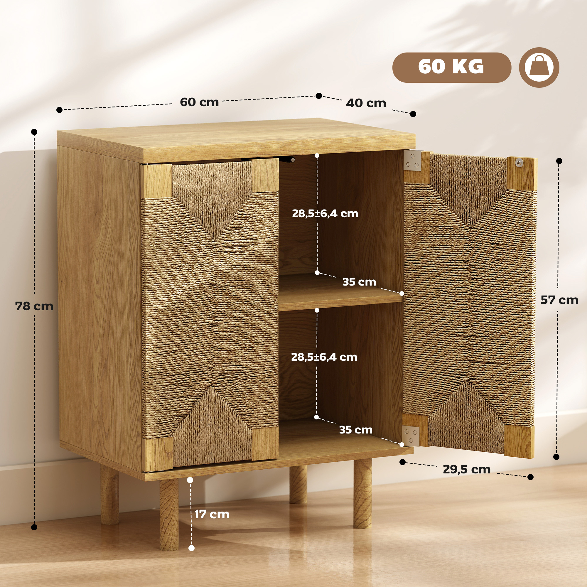 Armario de madera con puertas tejidas, medidas 60x40x78cm. Carga máxima 60kg.