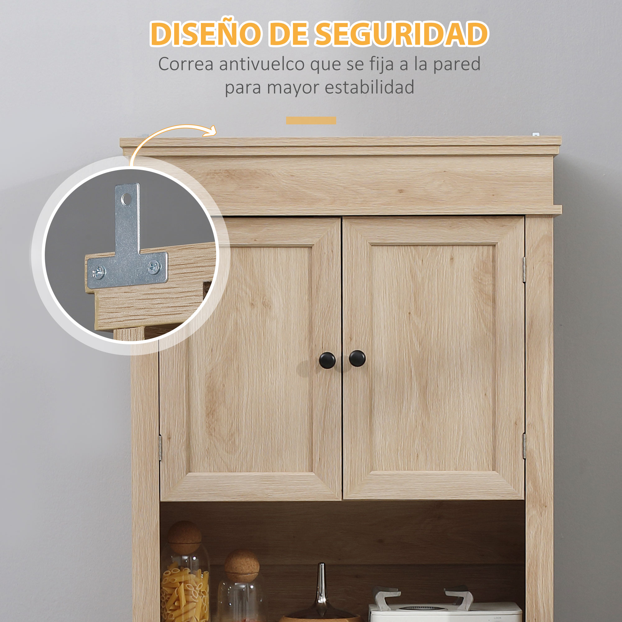 Gabinete de madera con dos puertas, se muestra soporte de pared.