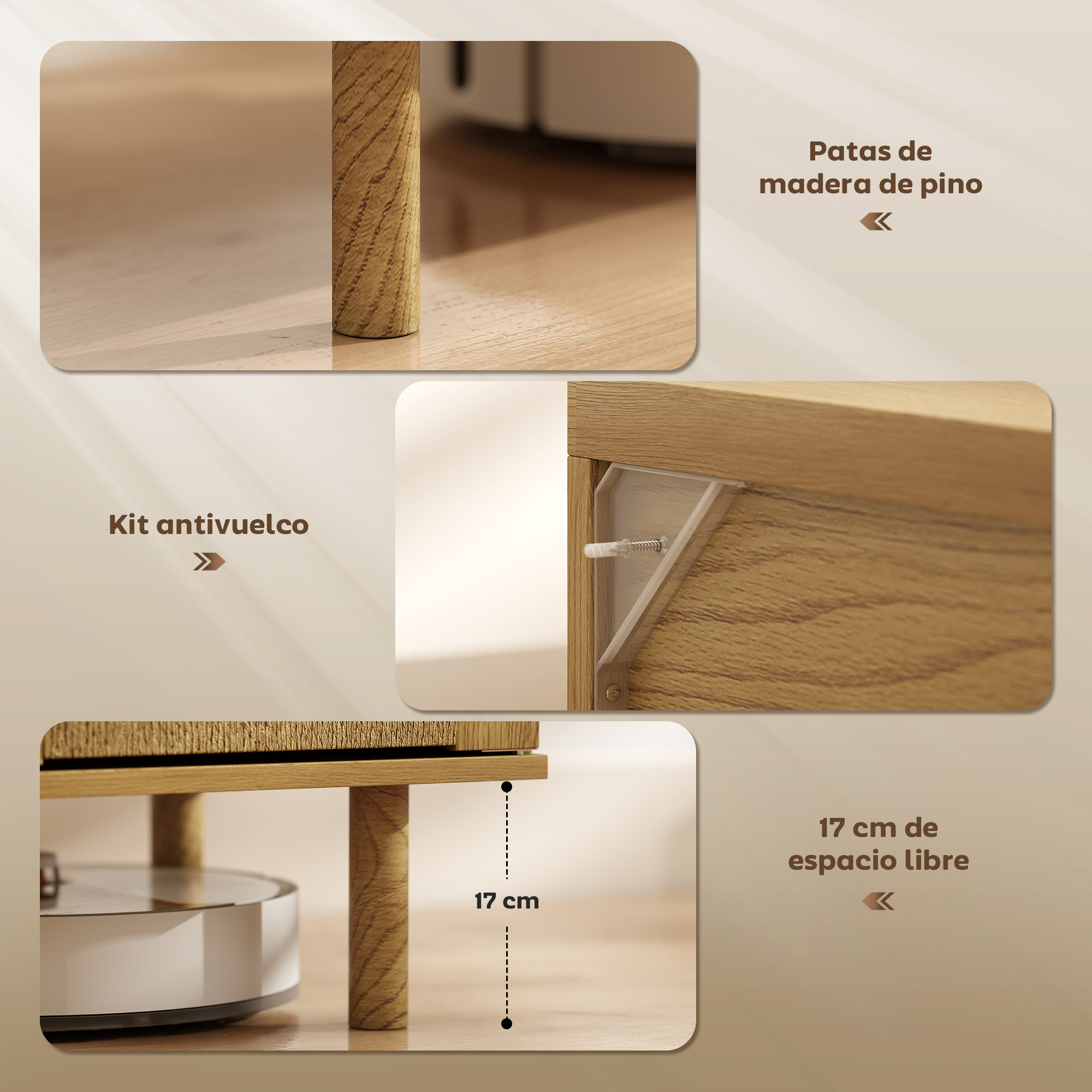 Patas de madera, kit antivuelco y 17 cm de espacio libre.