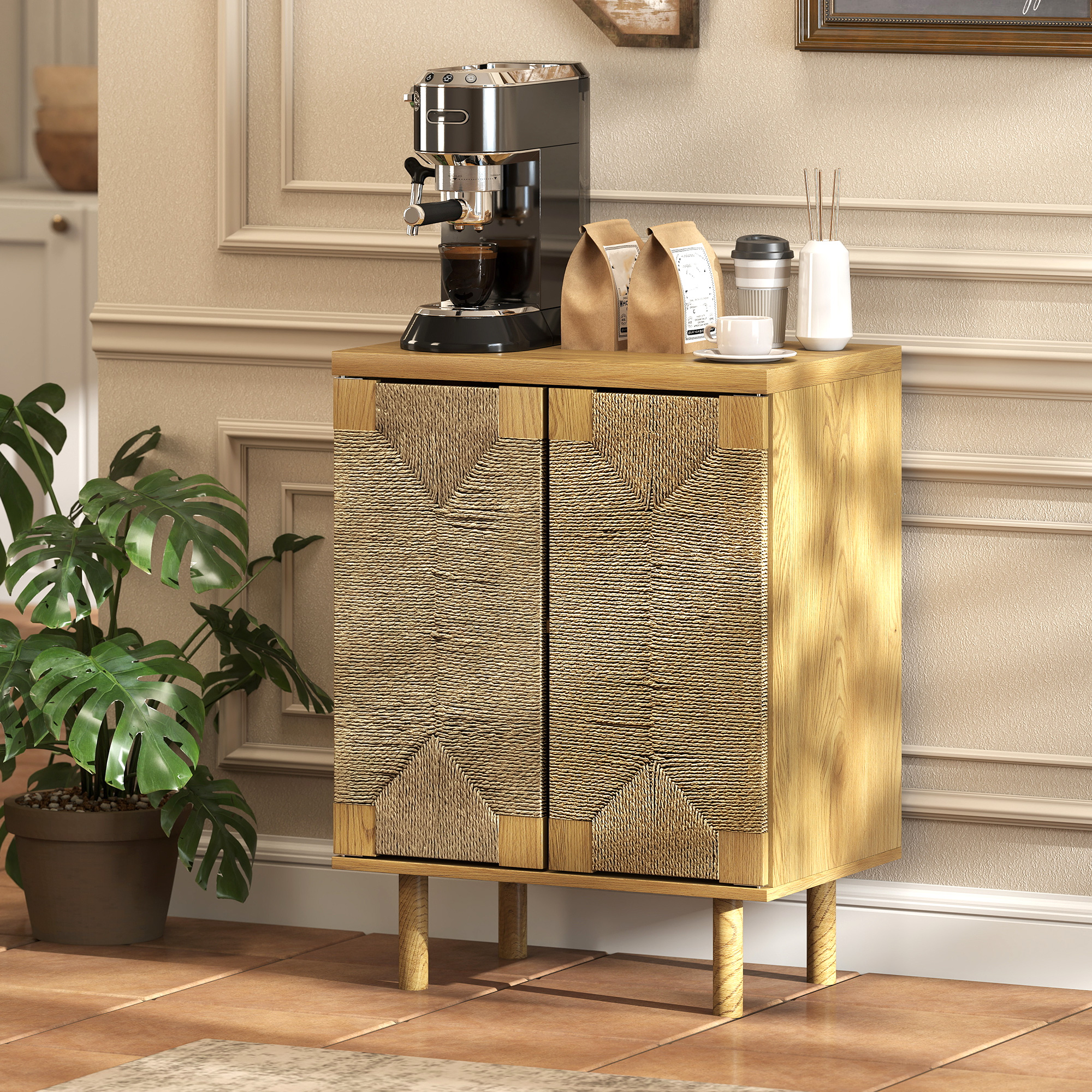 Un mueble de madera con puertas tejidas, cafetera, bolsas de café y planta.