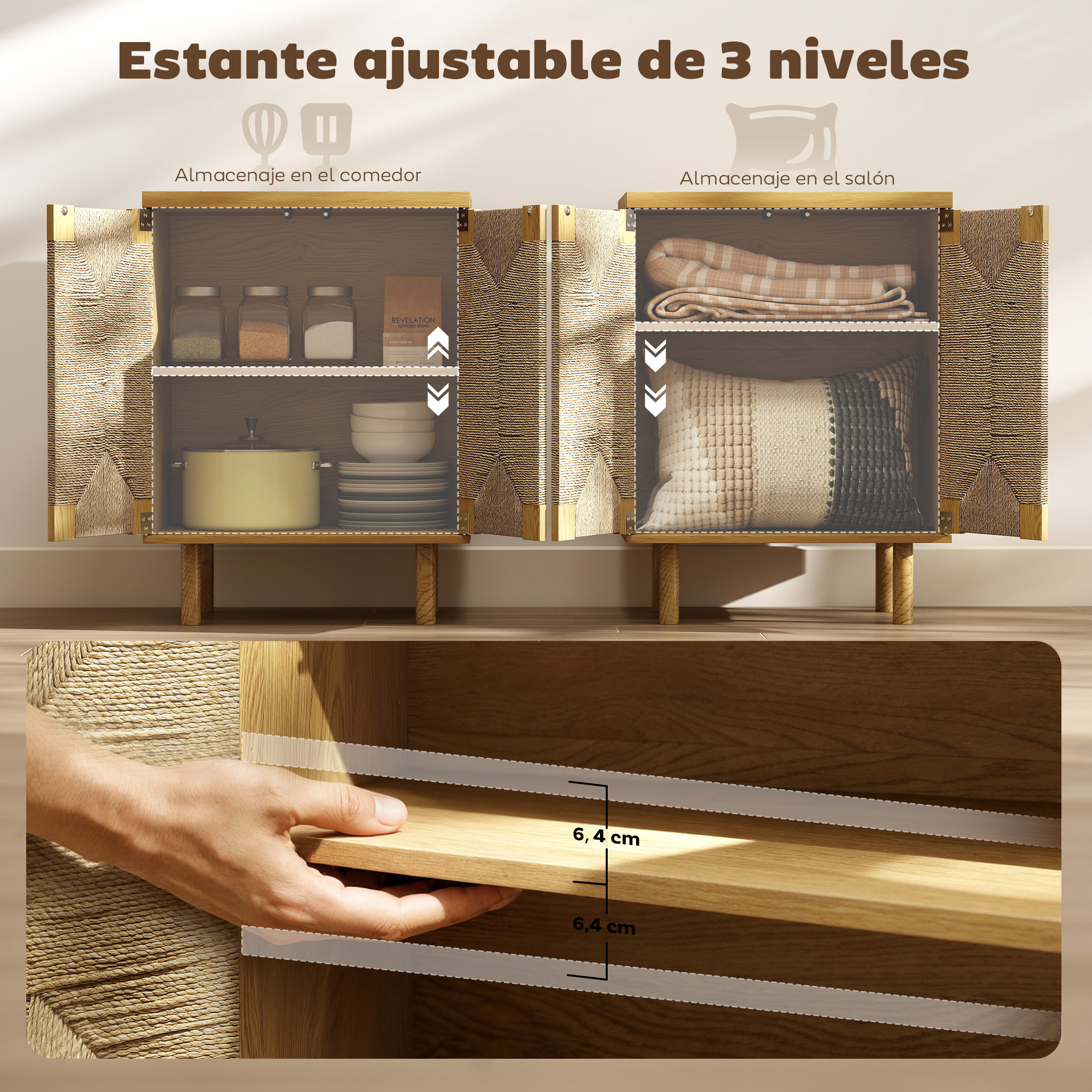 Estante ajustable de 3 niveles: gabinetes de comedor y sala con frascos, ollas y mantas.