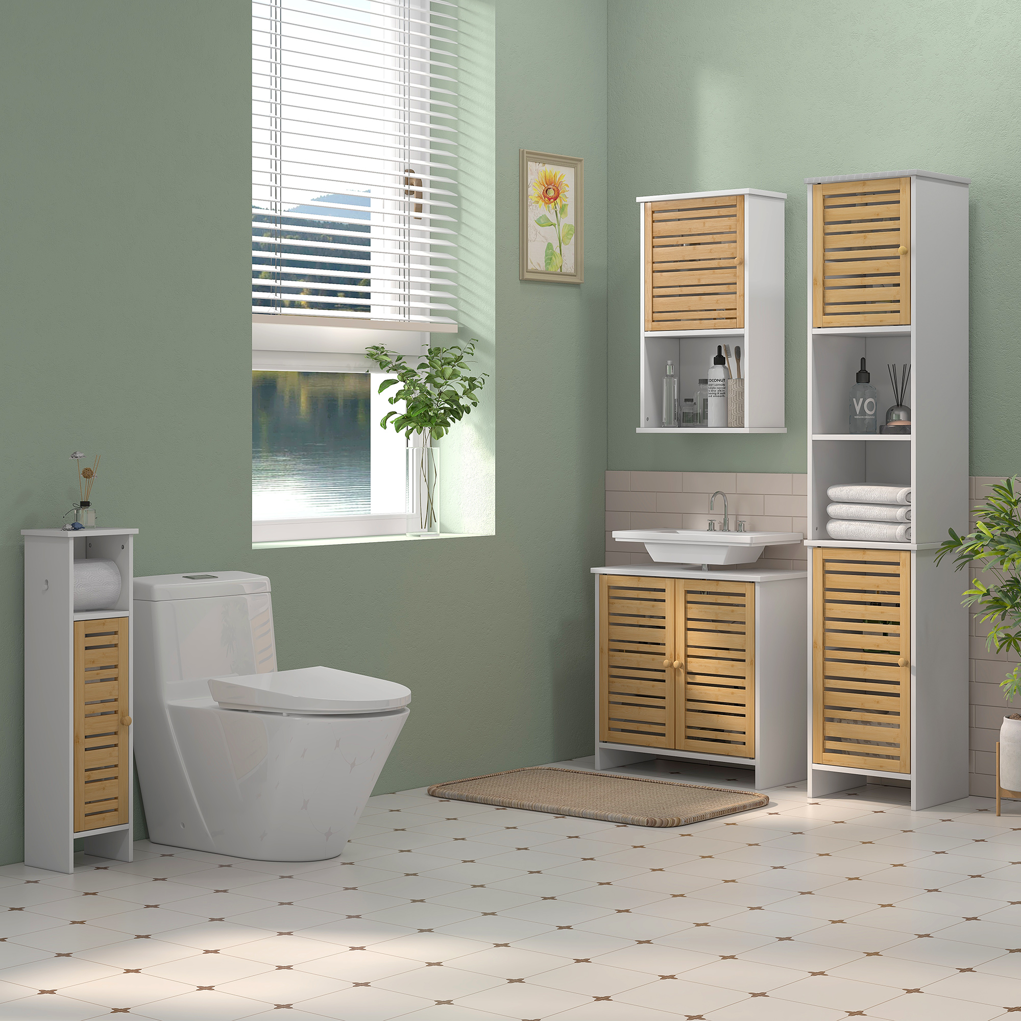 Baño con inodoro, lavabo y almacenamiento en armario de madera.