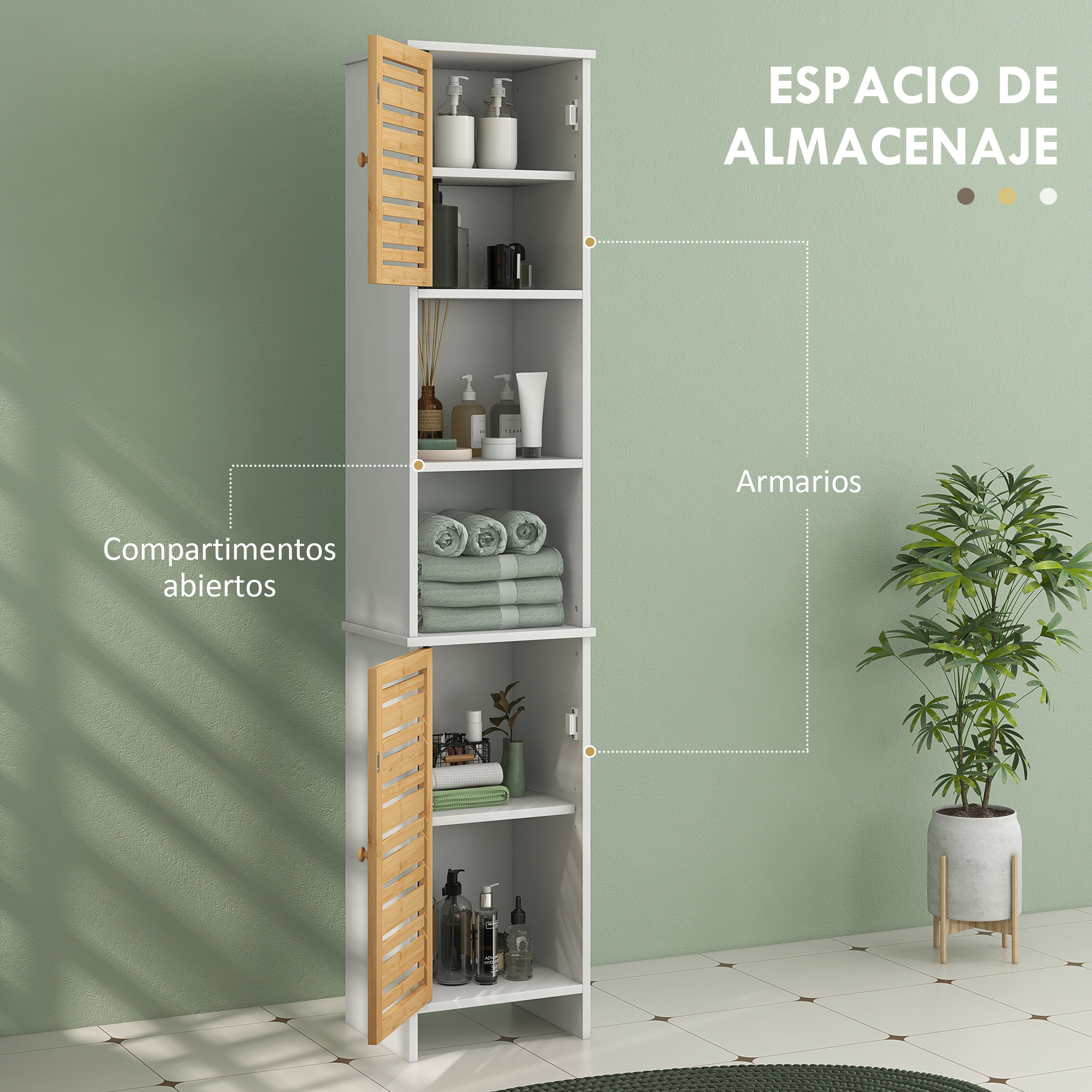 Un armario blanco con puertas de madera, lleno de toallas y botellas.