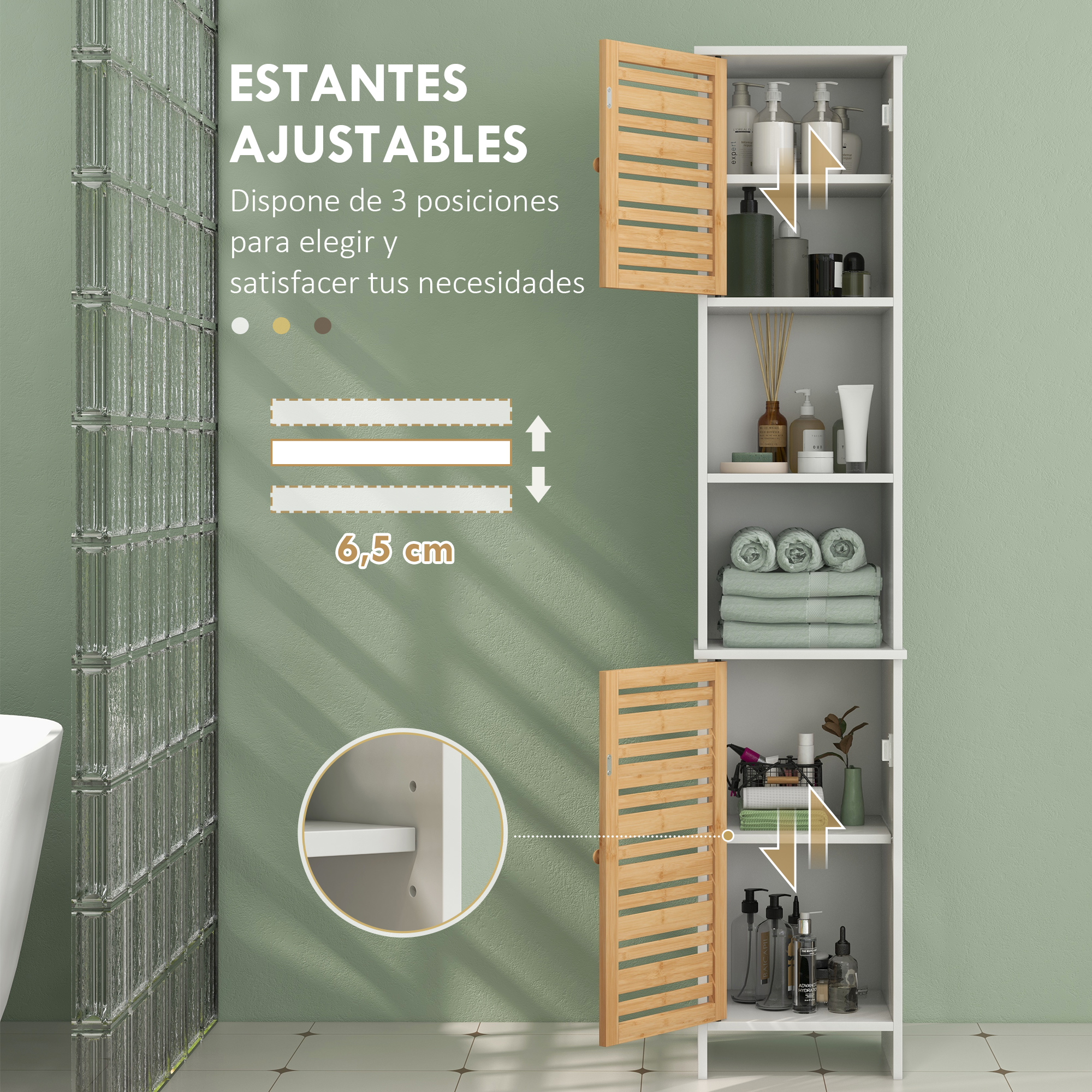 Un armario blanco con puertas de madera muestra artículos de tocador y toallas.