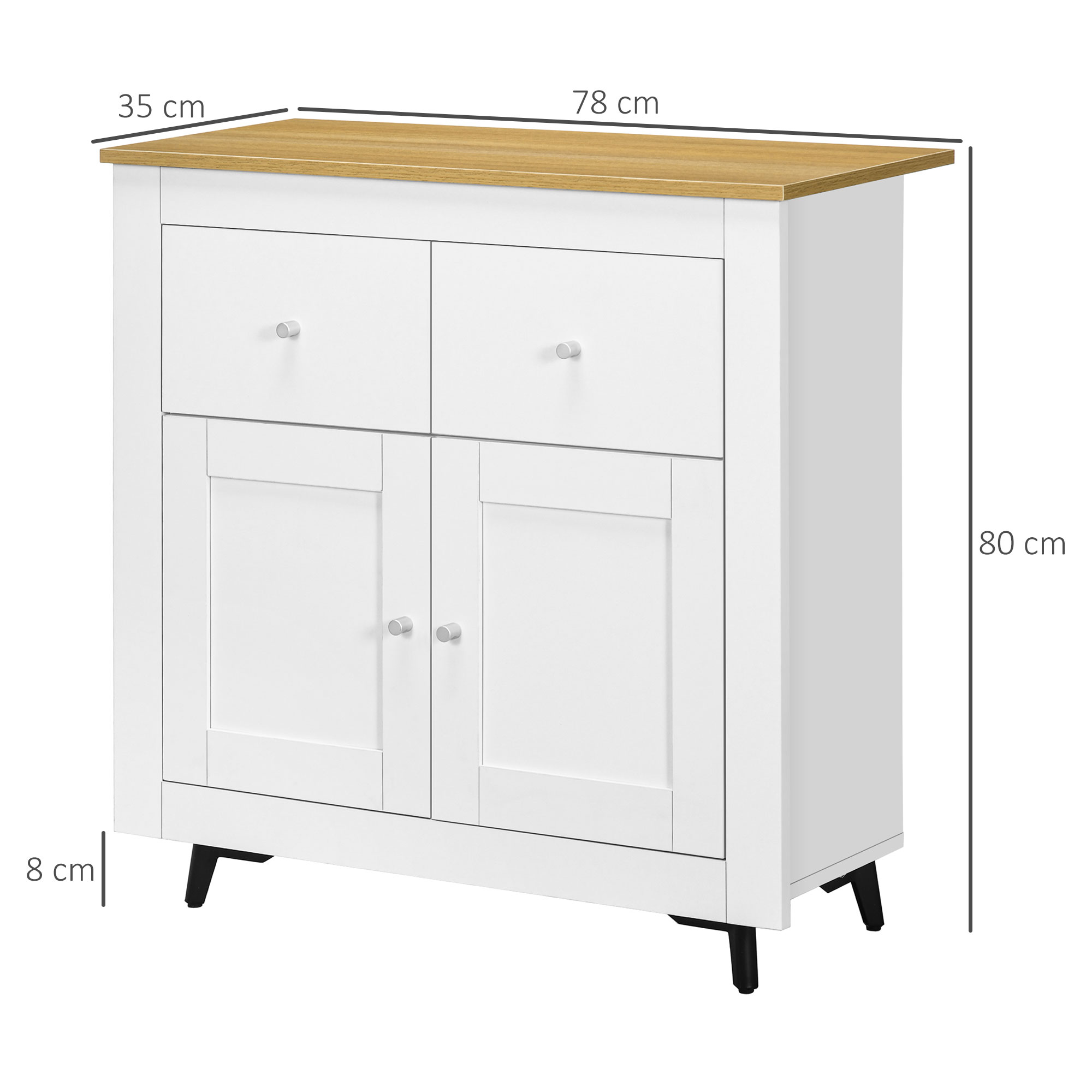 Un armario blanco con tapa de madera, dos cajones y dos puertas.