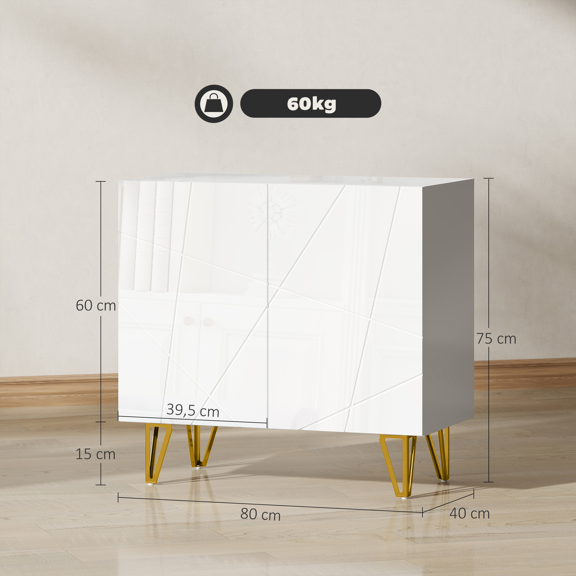 Un mueble blanco con diseño geométrico, patas doradas y dimensiones mostradas.