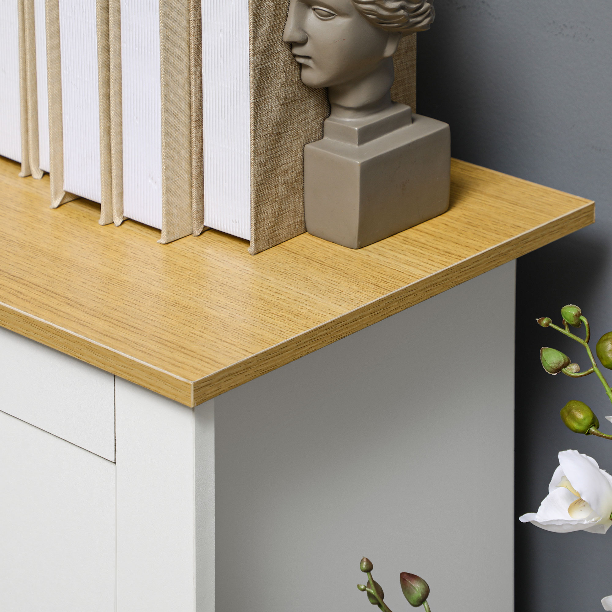 Libros y un busto en una repisa de madera sobre un mueble blanco.