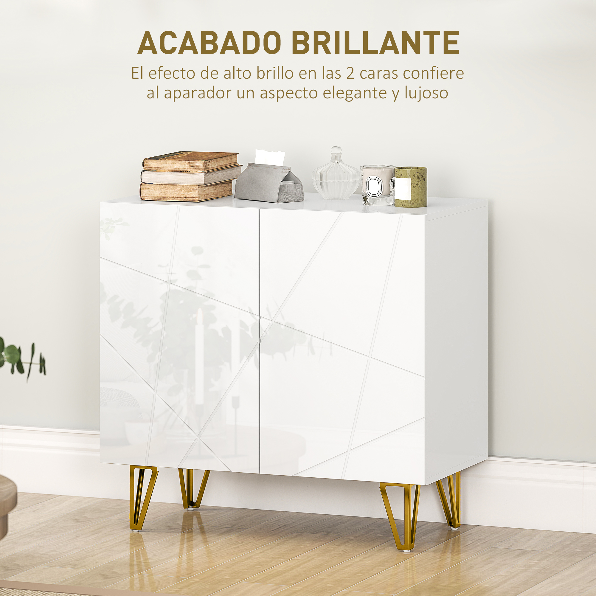 Un armario blanco con acabado brillante y líneas geométricas, sobre patas doradas.