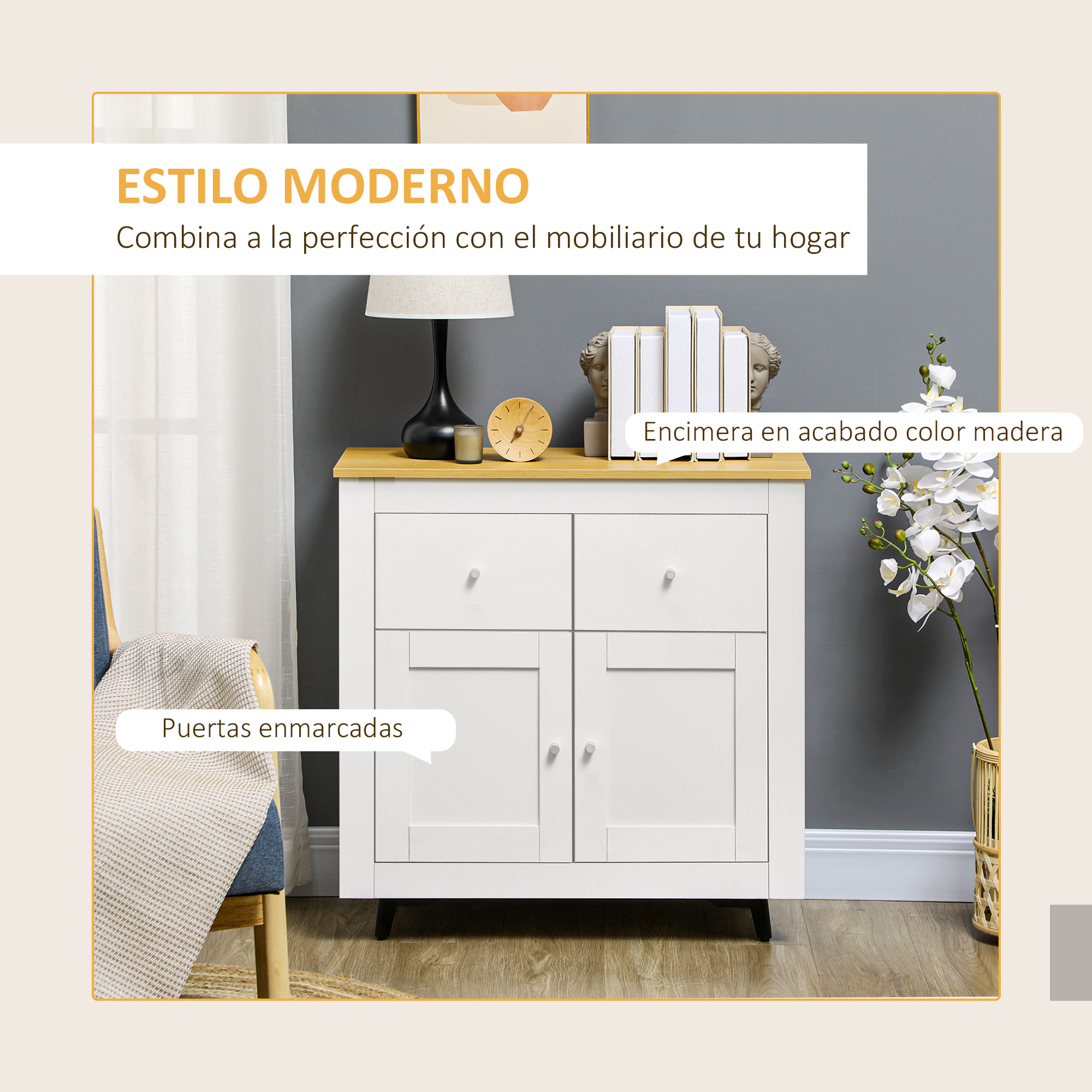 Un armario blanco con tapa de madera sobre suelo de madera.