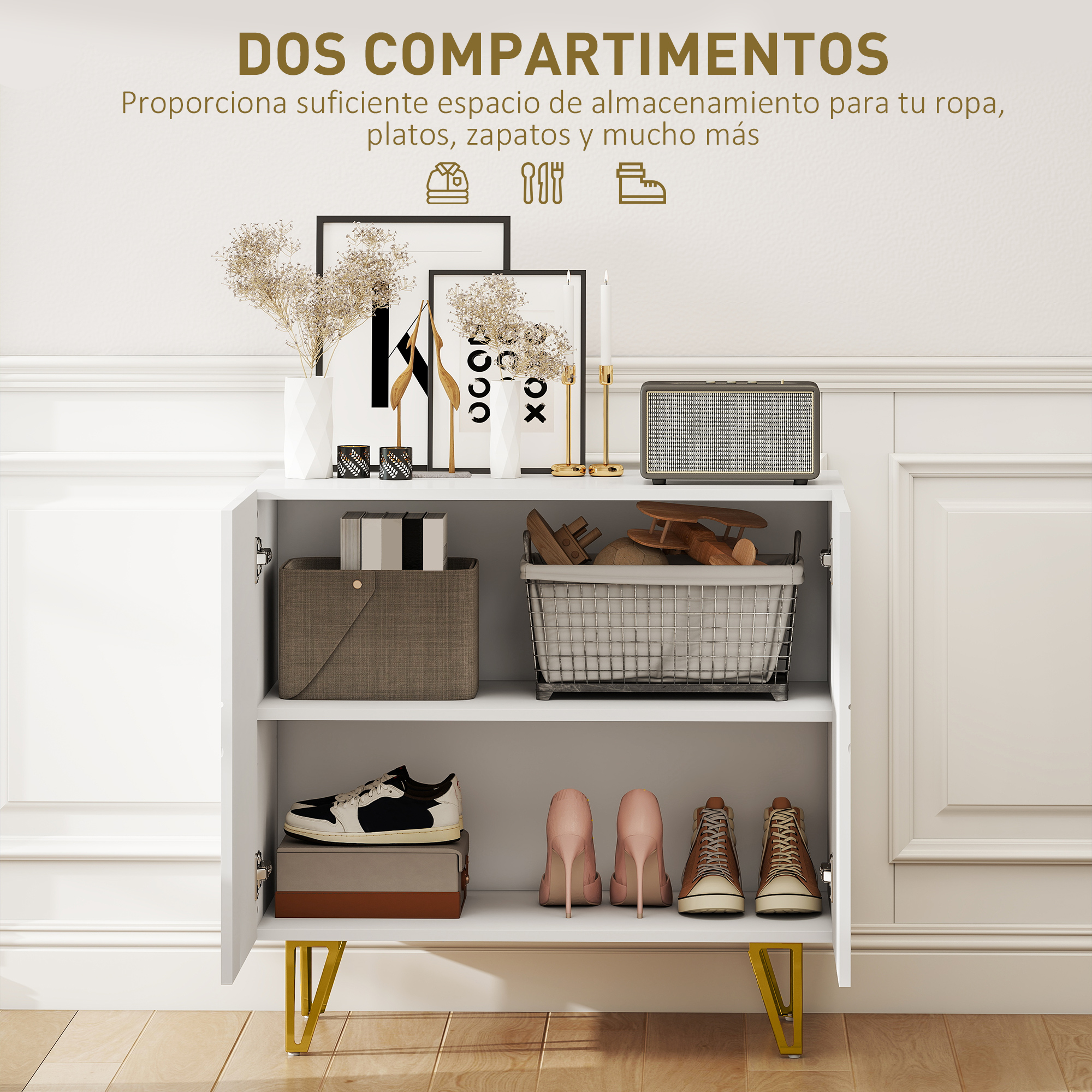Un mueble blanco con dos estantes, mostrando decoración, zapatos y cestas.