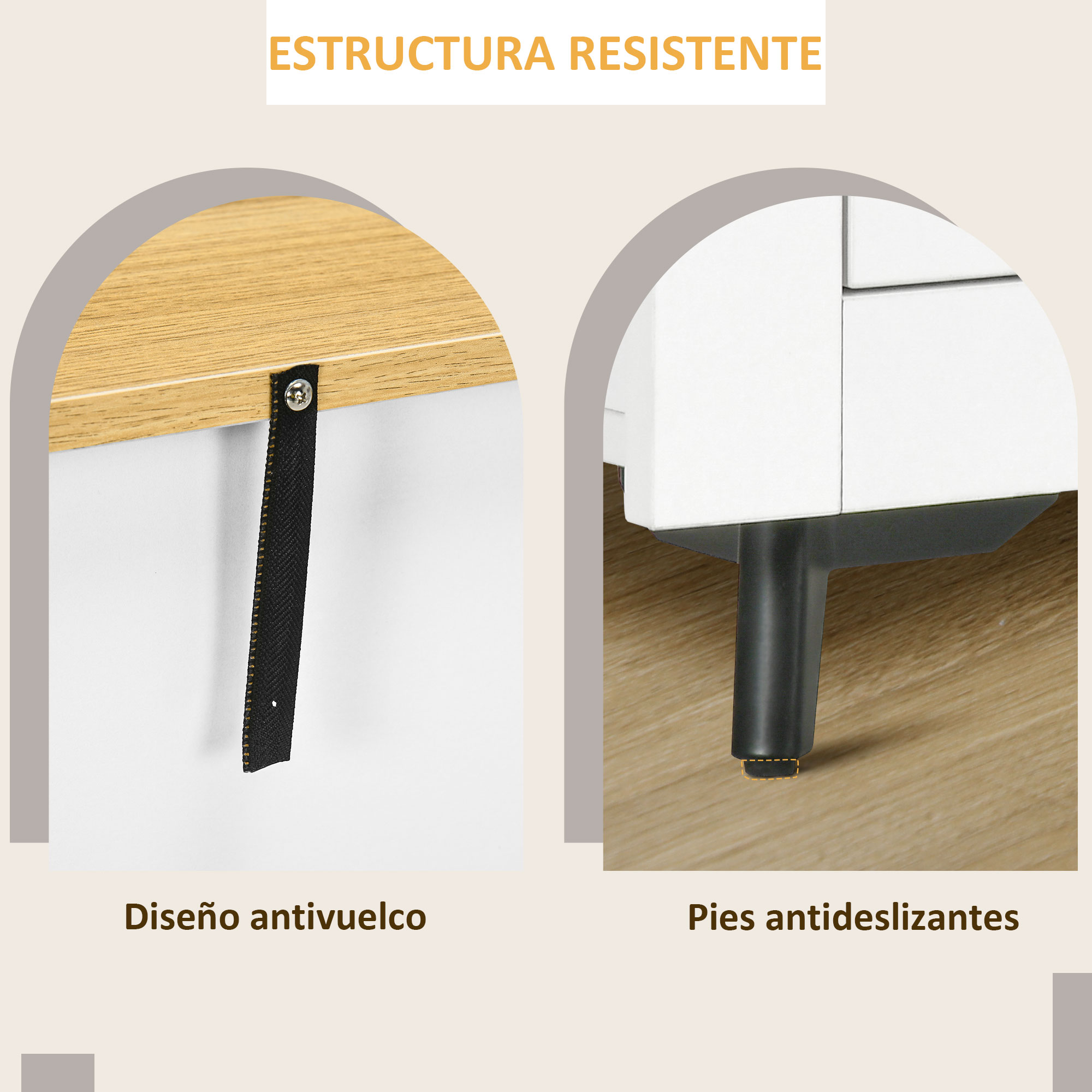 Primeros planos muestran una correa antivuelco negra y patas negras antideslizantes.