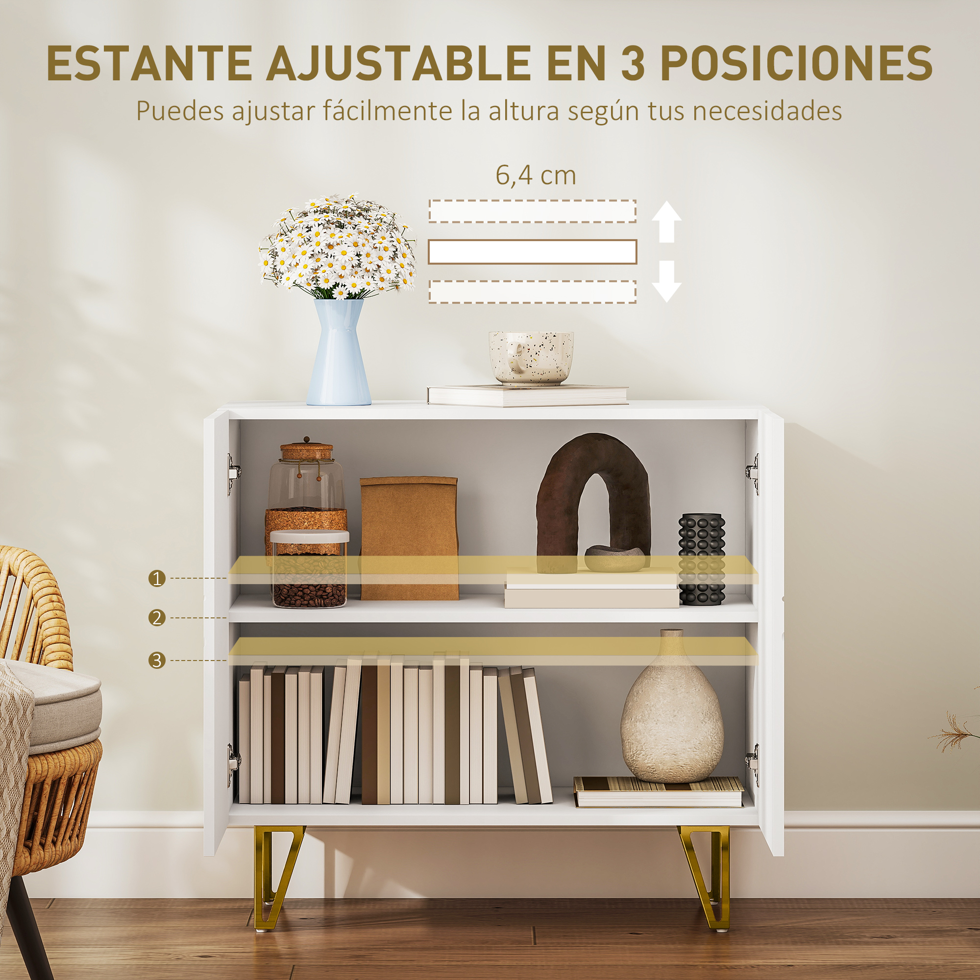 Mueble blanco de tres estantes con libros y decoración. Patas doradas.