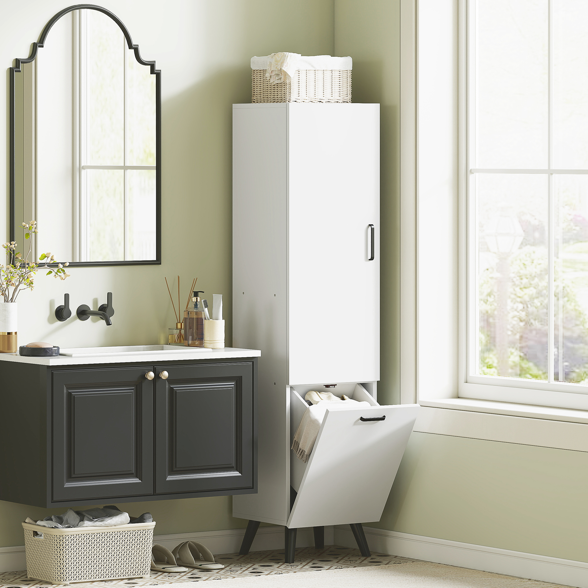 Baño con lavabo, espejo, armario y cesto de ropa.