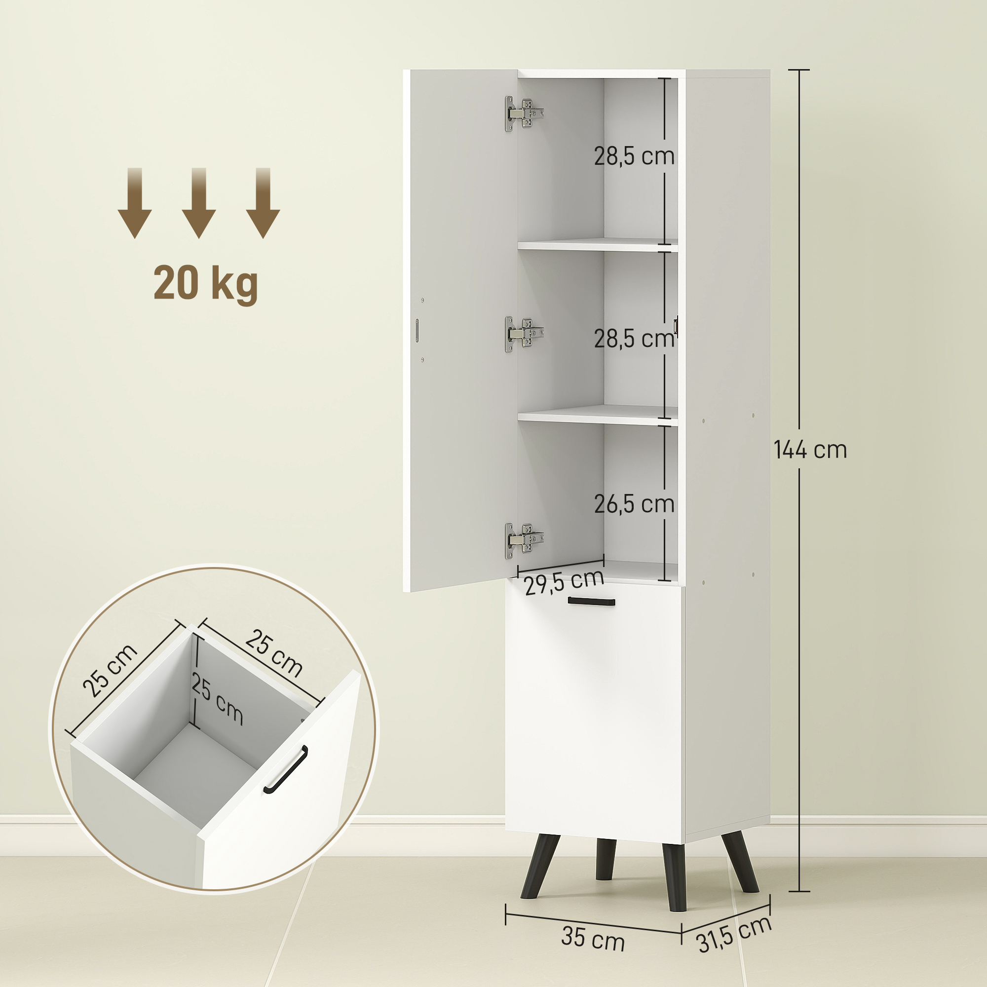 Armario blanco con puertas abiertas, dimensiones mostradas. 20 kg de carga.