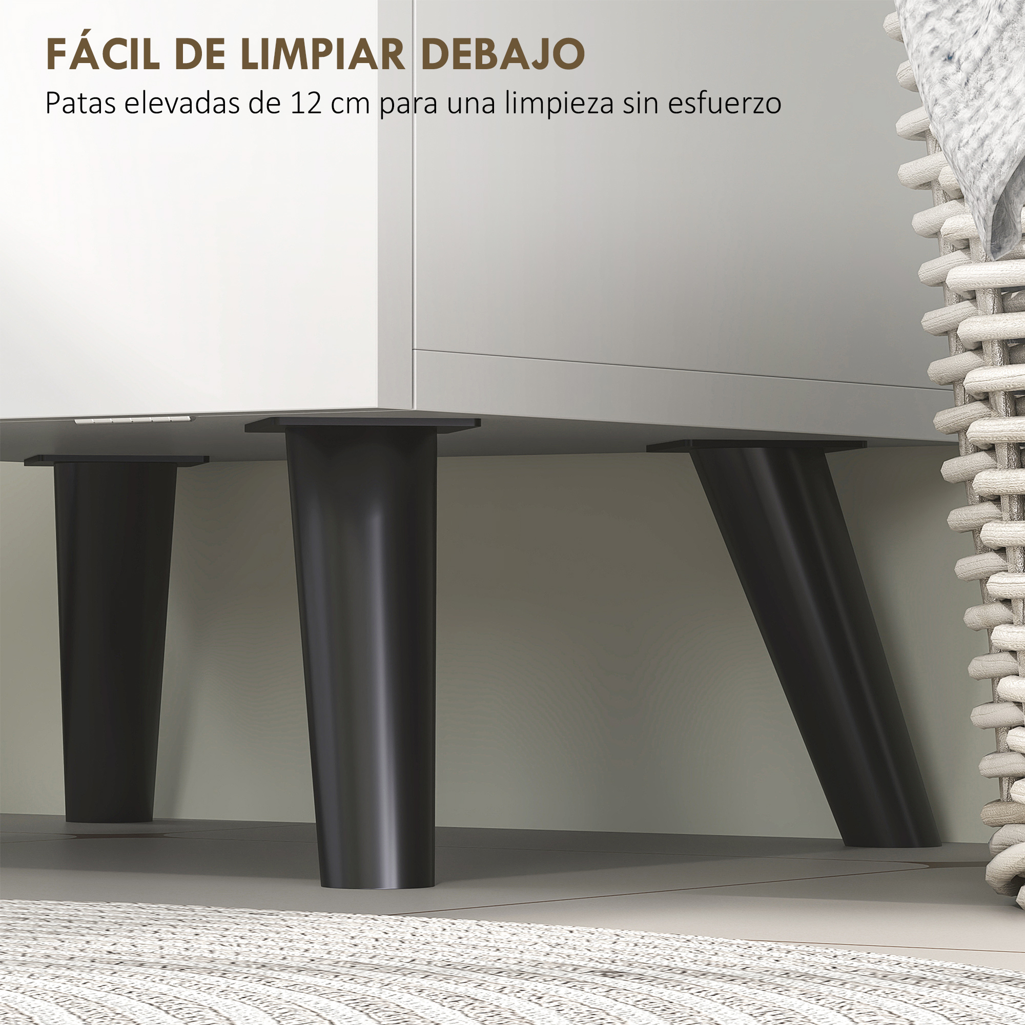 Patas negras cónicas soportan una superficie clara. Textura tejida a la derecha.