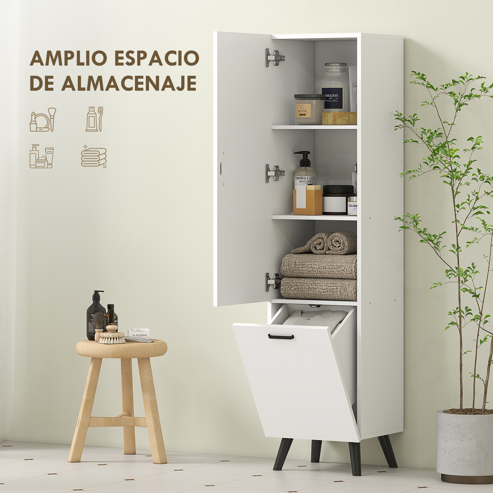 Un armario blanco con puertas abiertas, lleno de toallas y artículos de tocador.