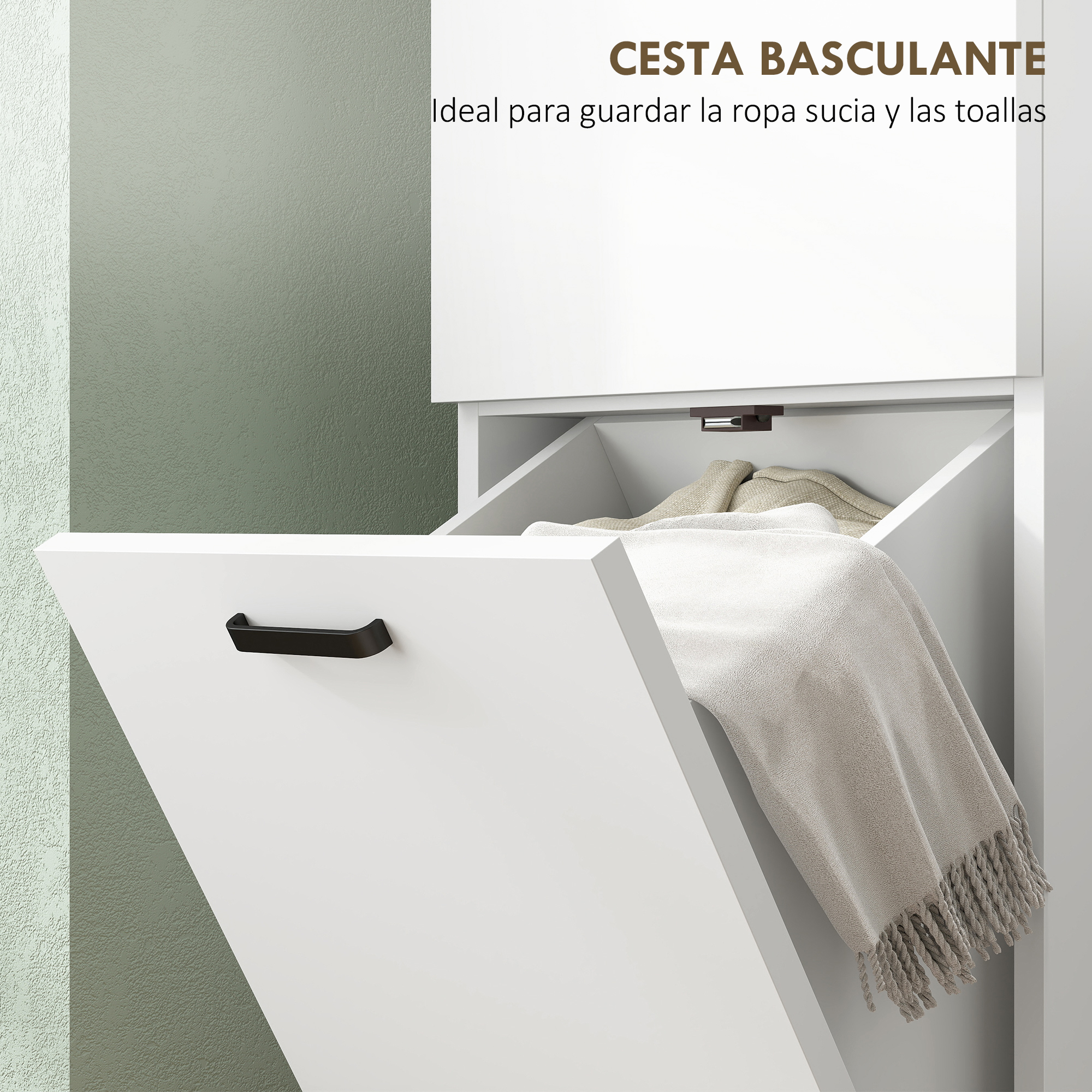 Una cesta basculante blanca con asa negra, llena de mantas.