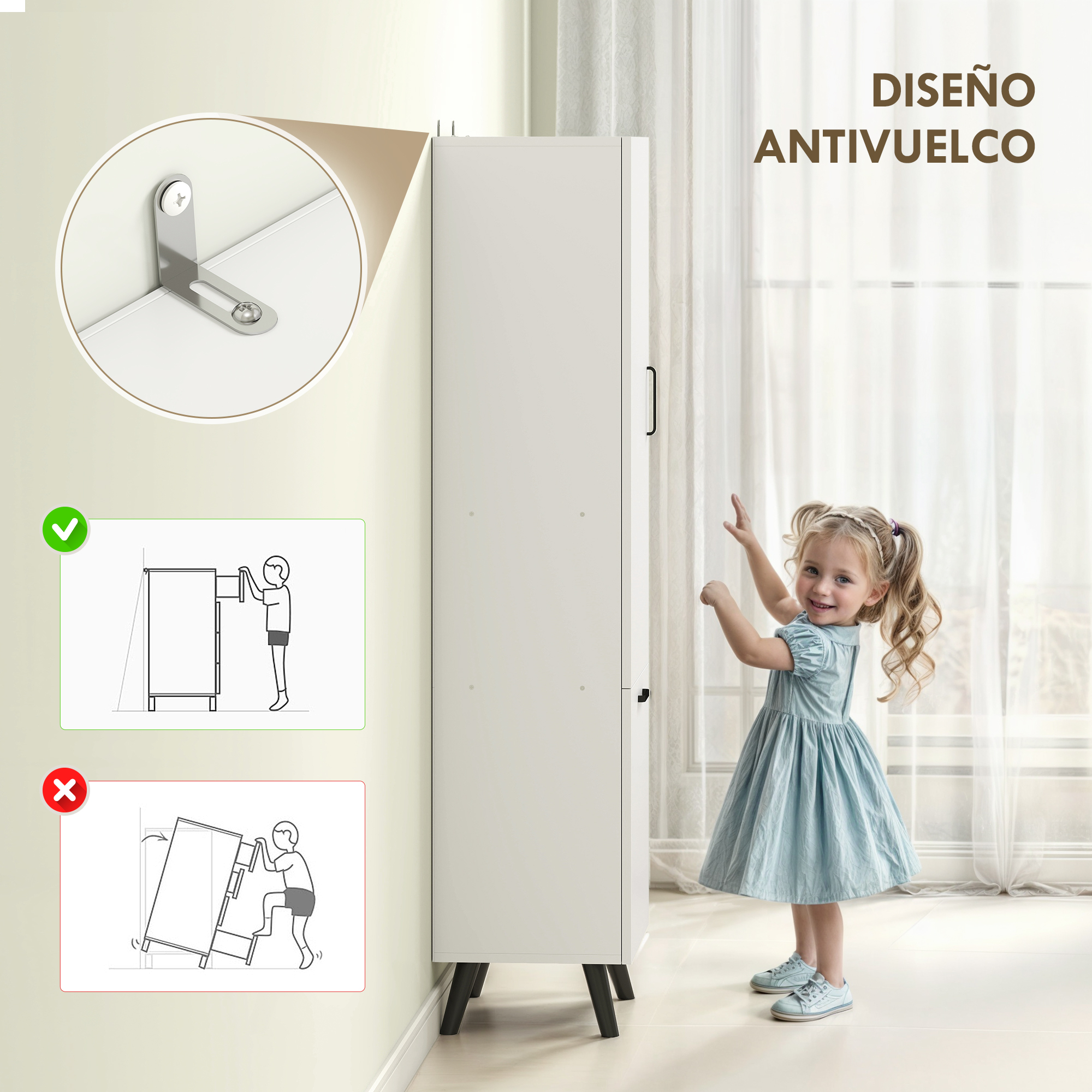 Una niña con vestido azul junto a un mueble blanco. Diseño antivuelco.