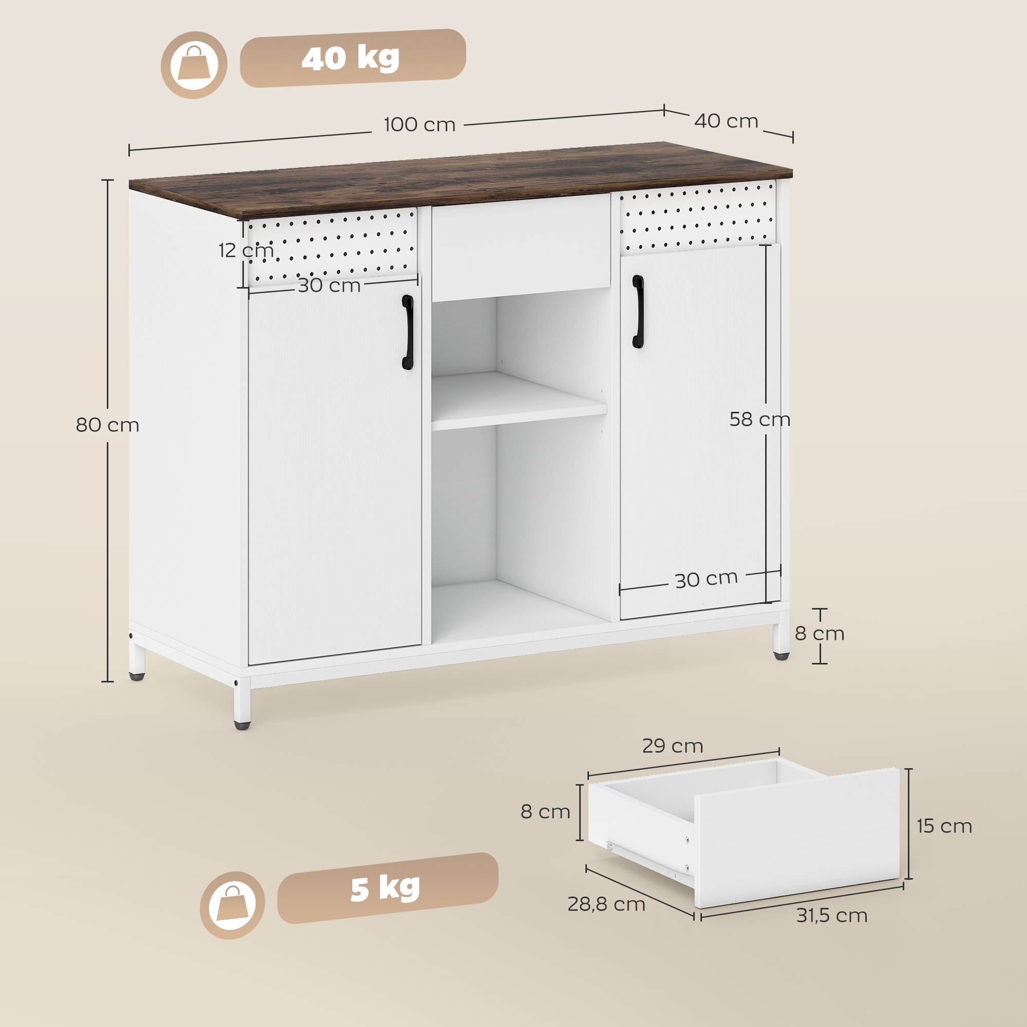 Un armario blanco con tapa de madera, 100x80x40 cm, con cajón y puertas.