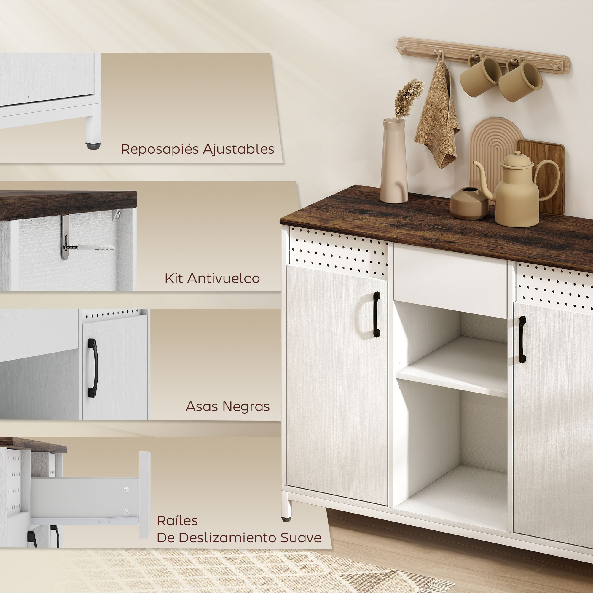 Un mueble blanco con tapa de madera, tiradores negros y estantes abiertos.