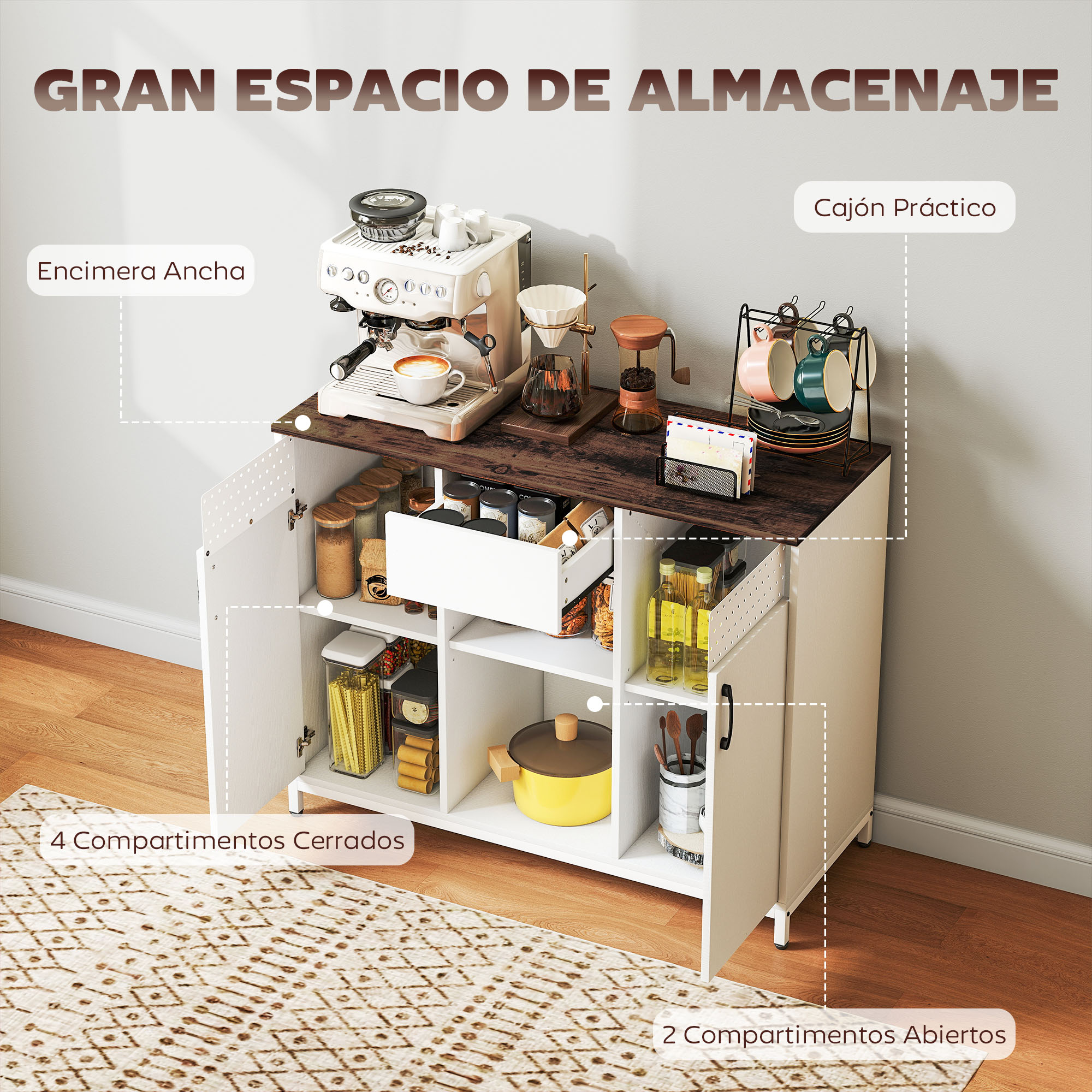 Cafetera en un mueble de almacenaje con portavasos y frascos.