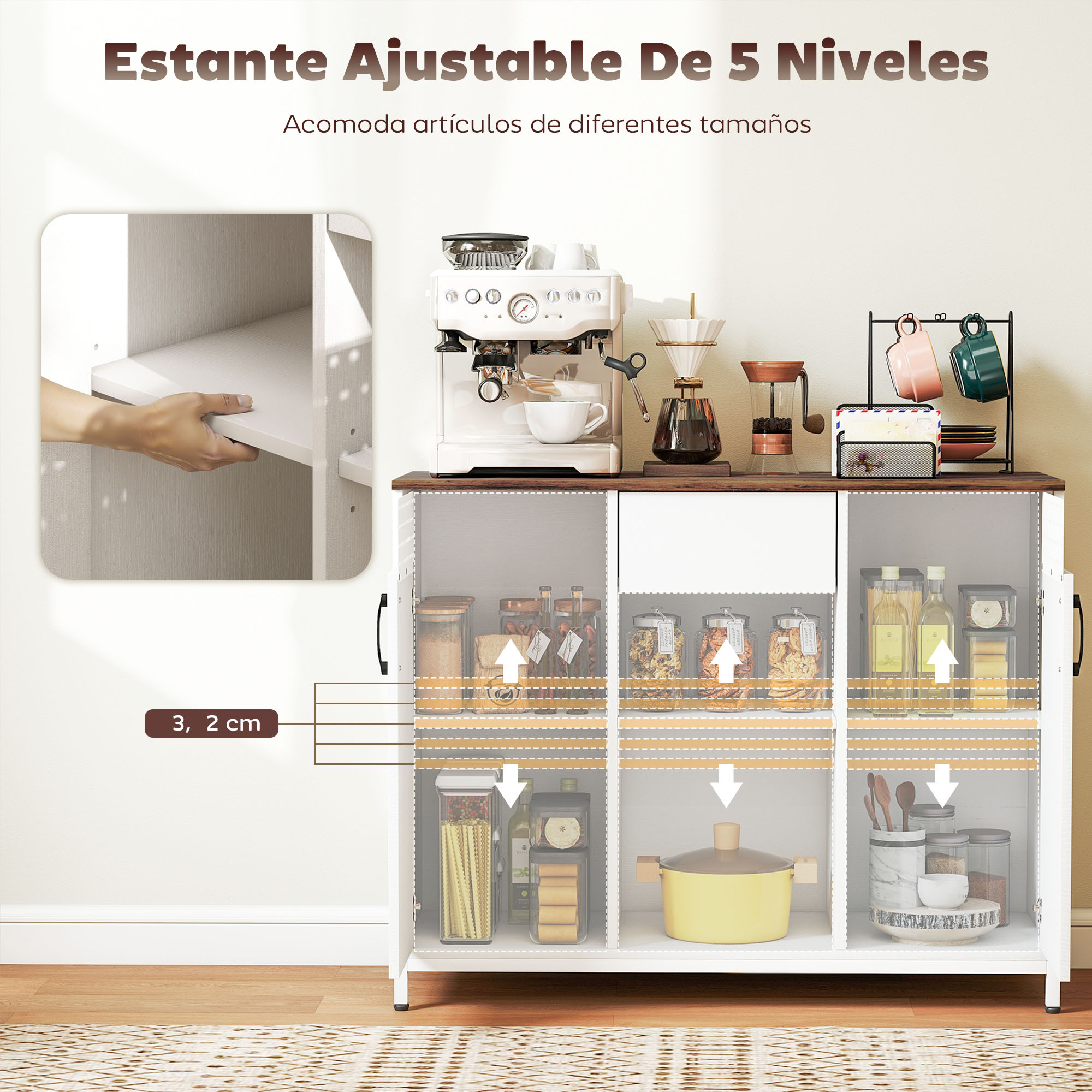 Estante ajustable de 5 niveles con utensilios y alimentos. Mano ajustando estante.