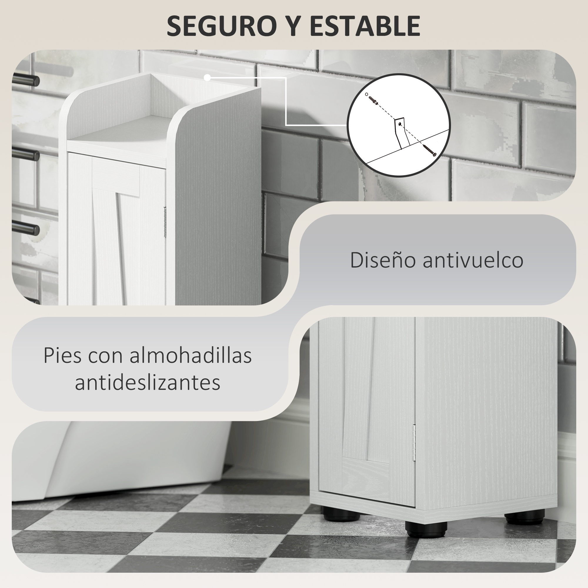 Gabinete de baño blanco con pies antideslizantes y diseño antivuelco.
