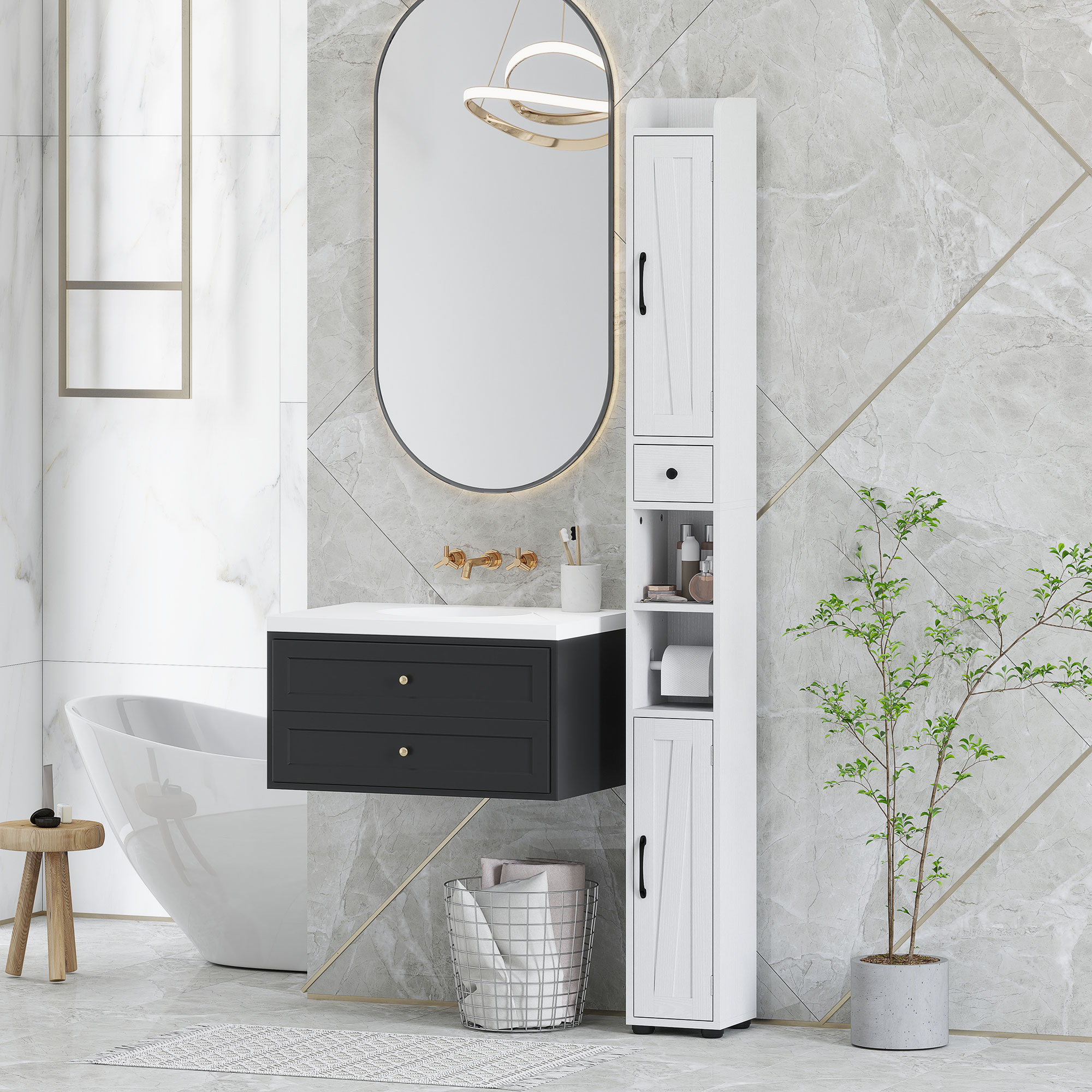 Baño moderno con bañera exenta, tocador, espejo y armario.