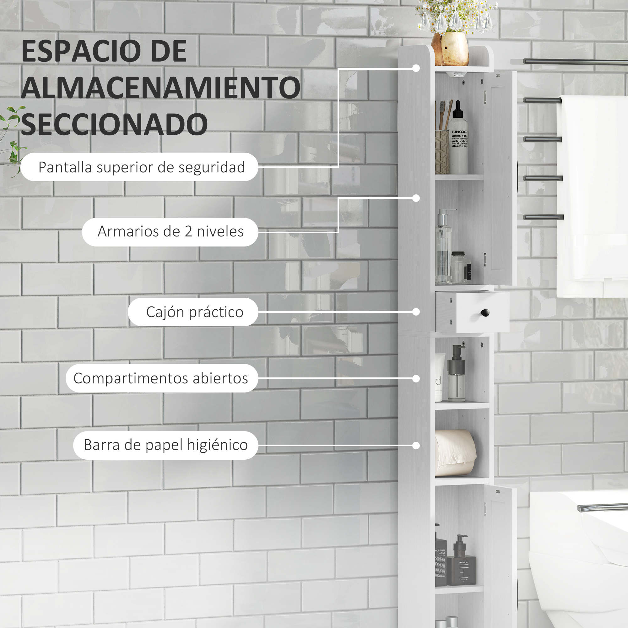 Un mueble de baño estrecho y blanco con estantes, cajones y portarrollos.