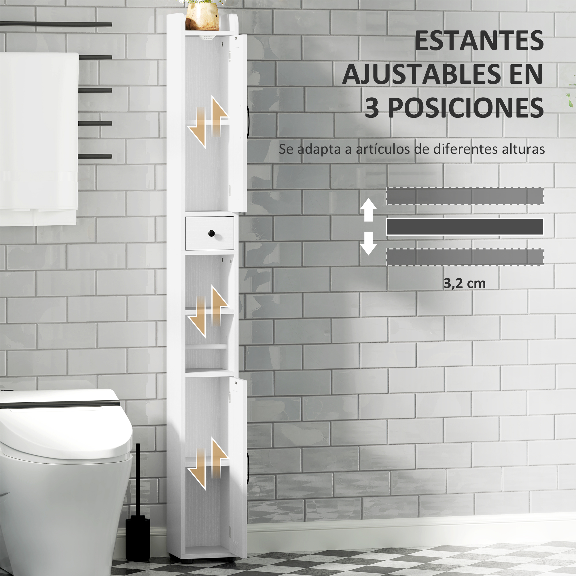 Un mueble blanco estrecho junto a un inodoro, con azulejos grises.
