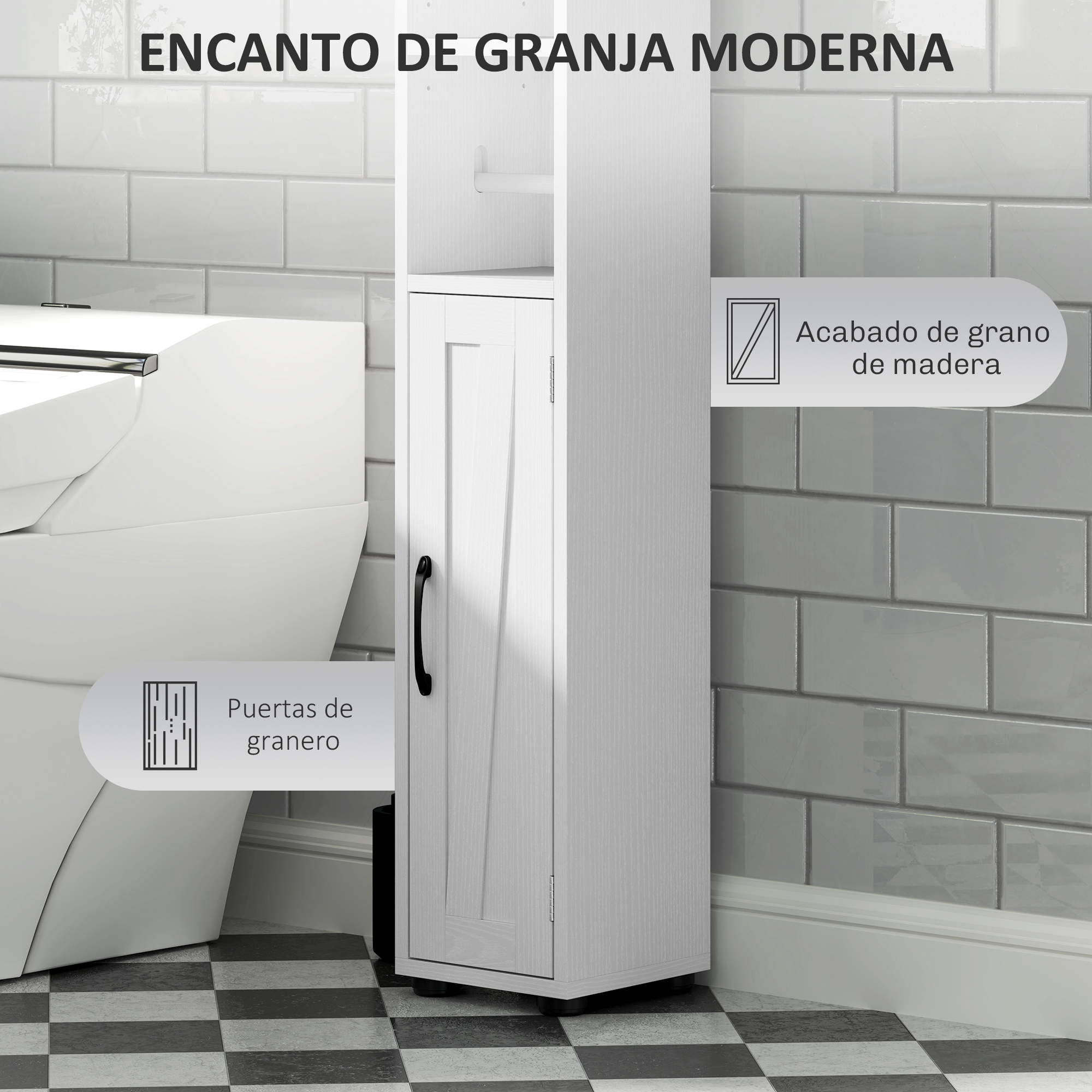 Un armario blanco estrecho con veta de madera junto a un inodoro en suelo ajedrezado.