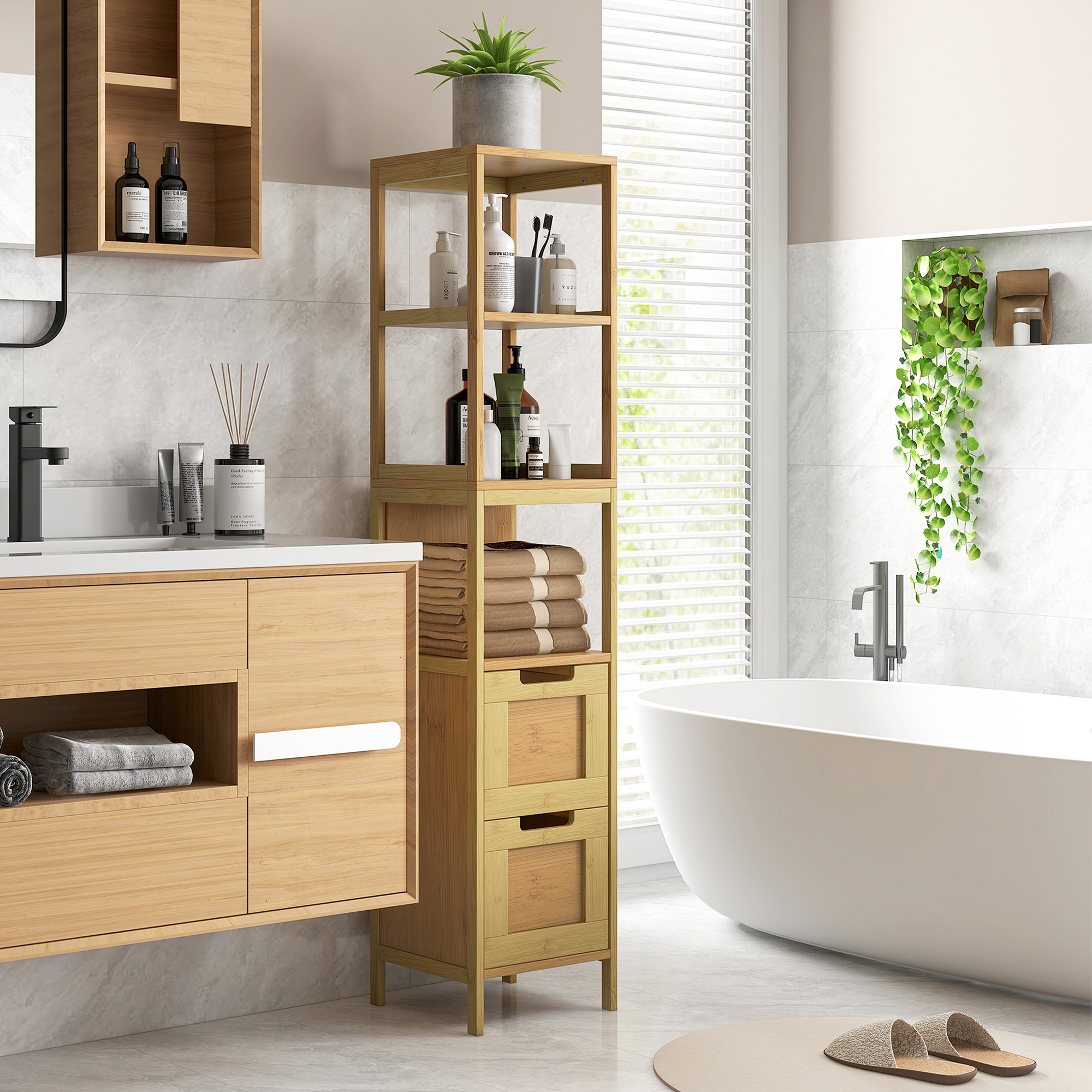 Un baño con tocador de madera, bañera blanca, lavabo y estante alto con artículos de tocador.