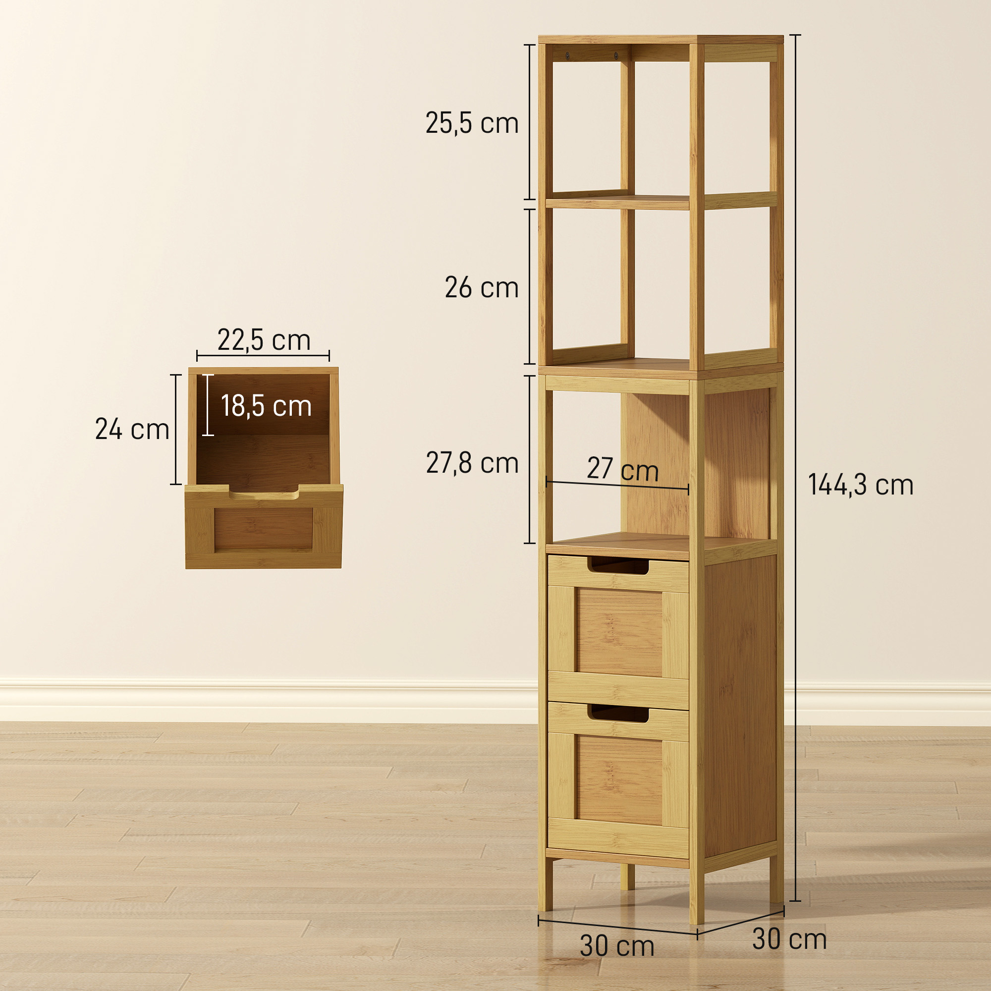 Un estante de madera estrecho con cajones y baldas, junto a una caja de cajones.