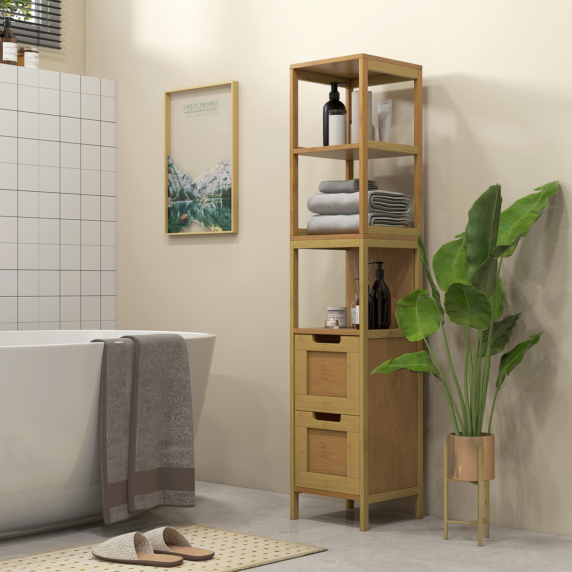Baño con bañera, estante de madera y planta.