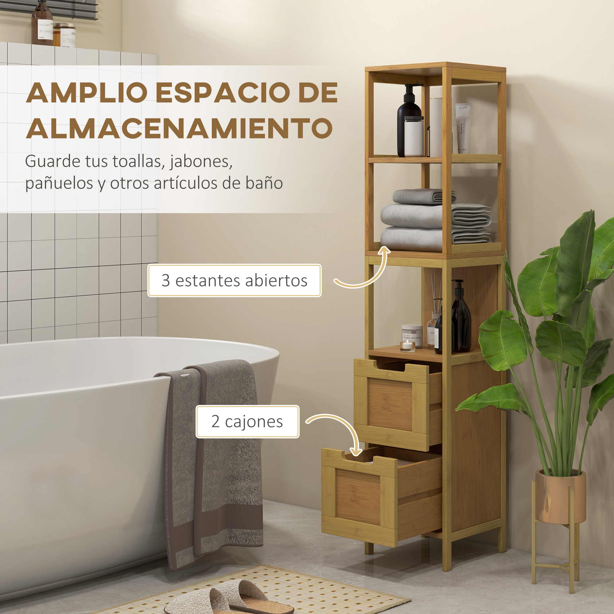 Un baño con bañera, estantería de madera con estantes abiertos y cajones.