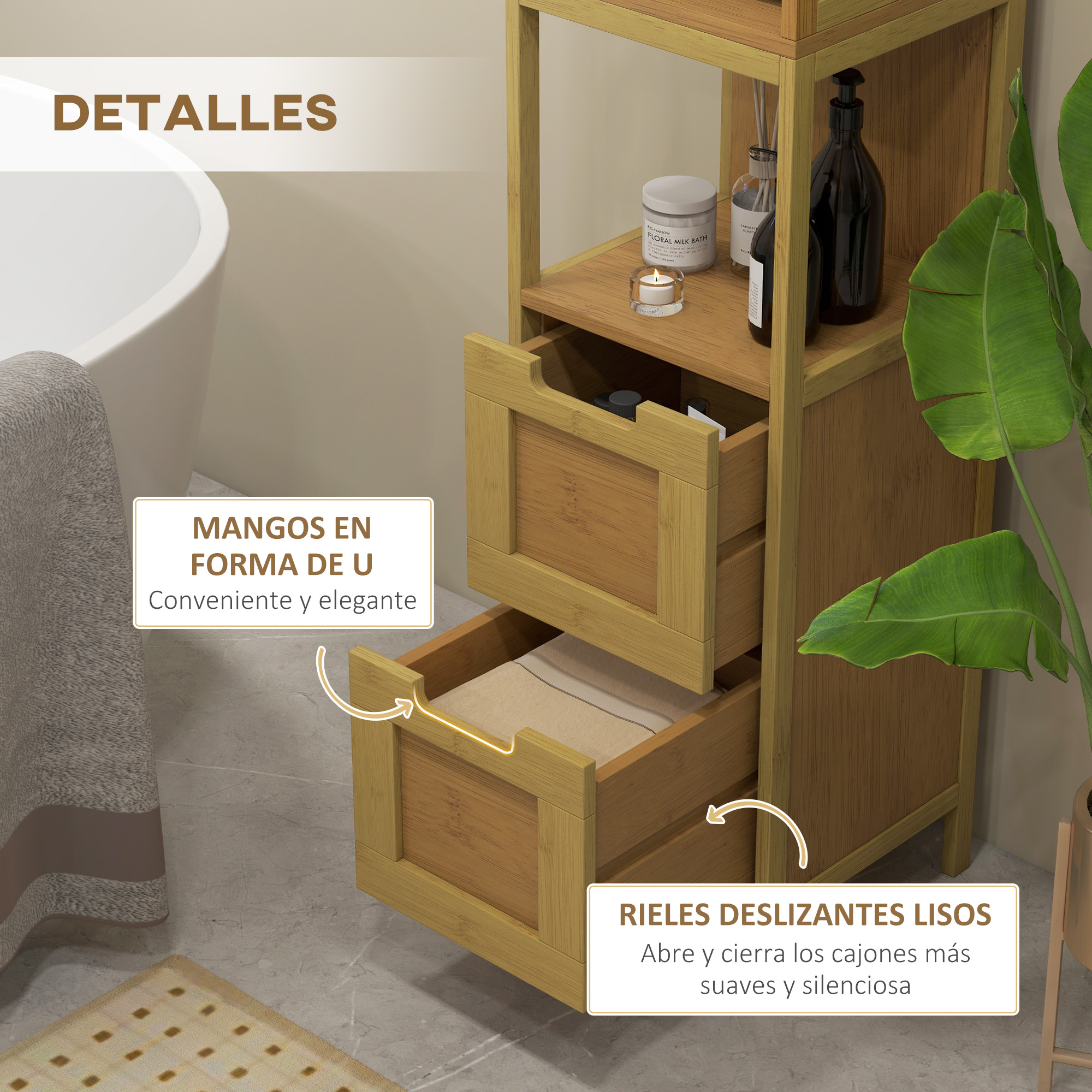 Un estante de almacenamiento de madera con cajones, que contiene artículos de baño.