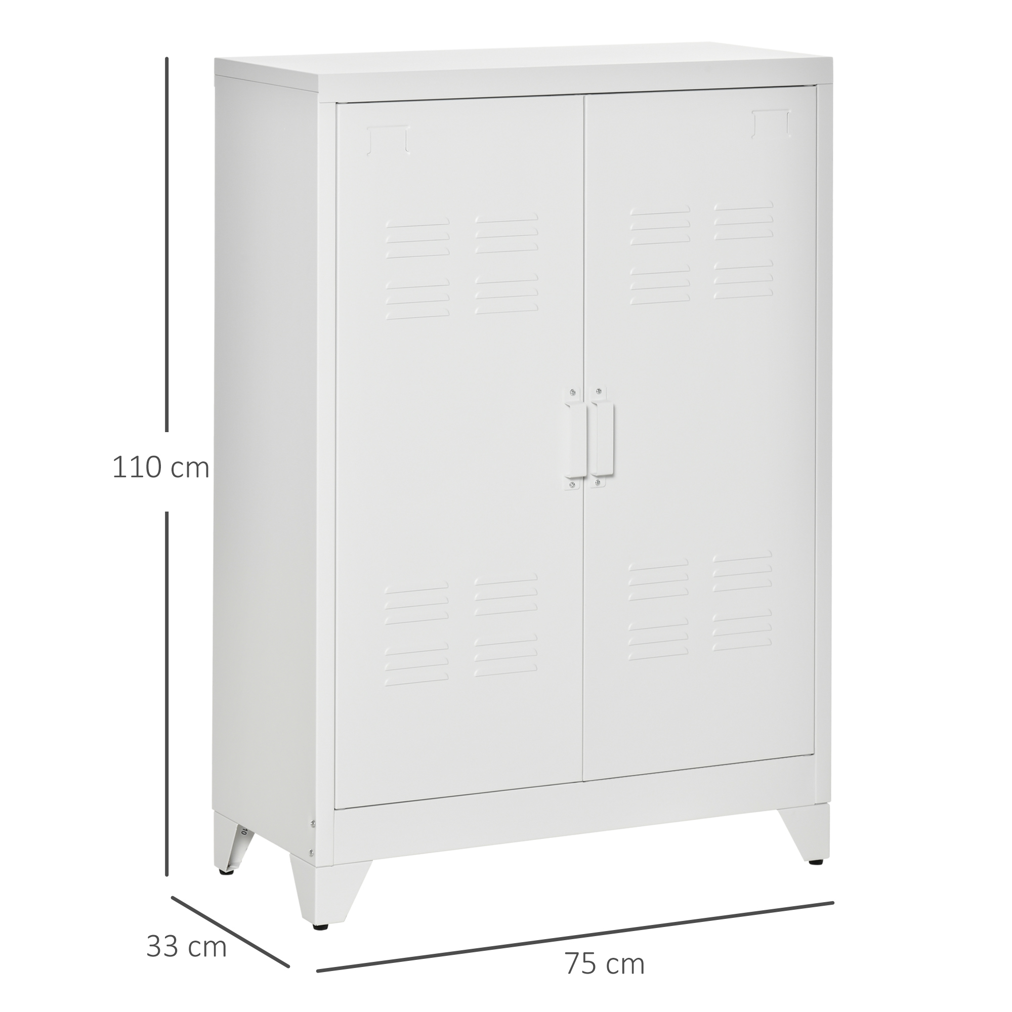 Armario metálico blanco con dos puertas, rejillas y tiradores. Dimensiones: 110x75x33 cm.