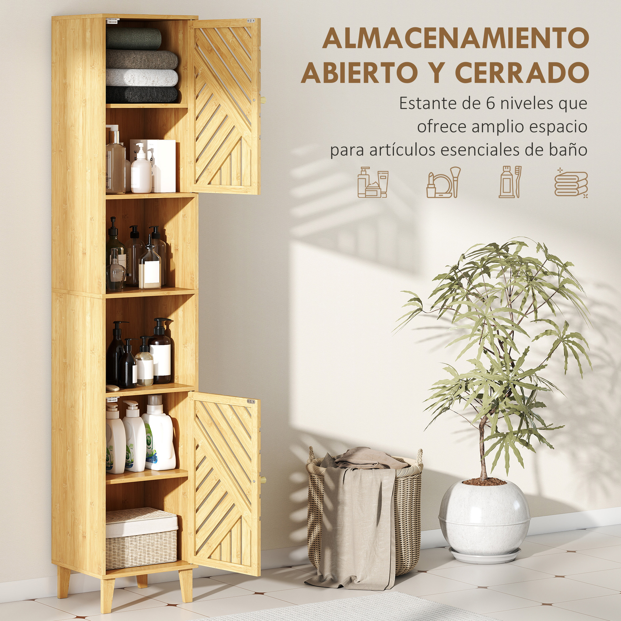 Un armario alto de bambú con puertas abiertas, con toallas y botellas.