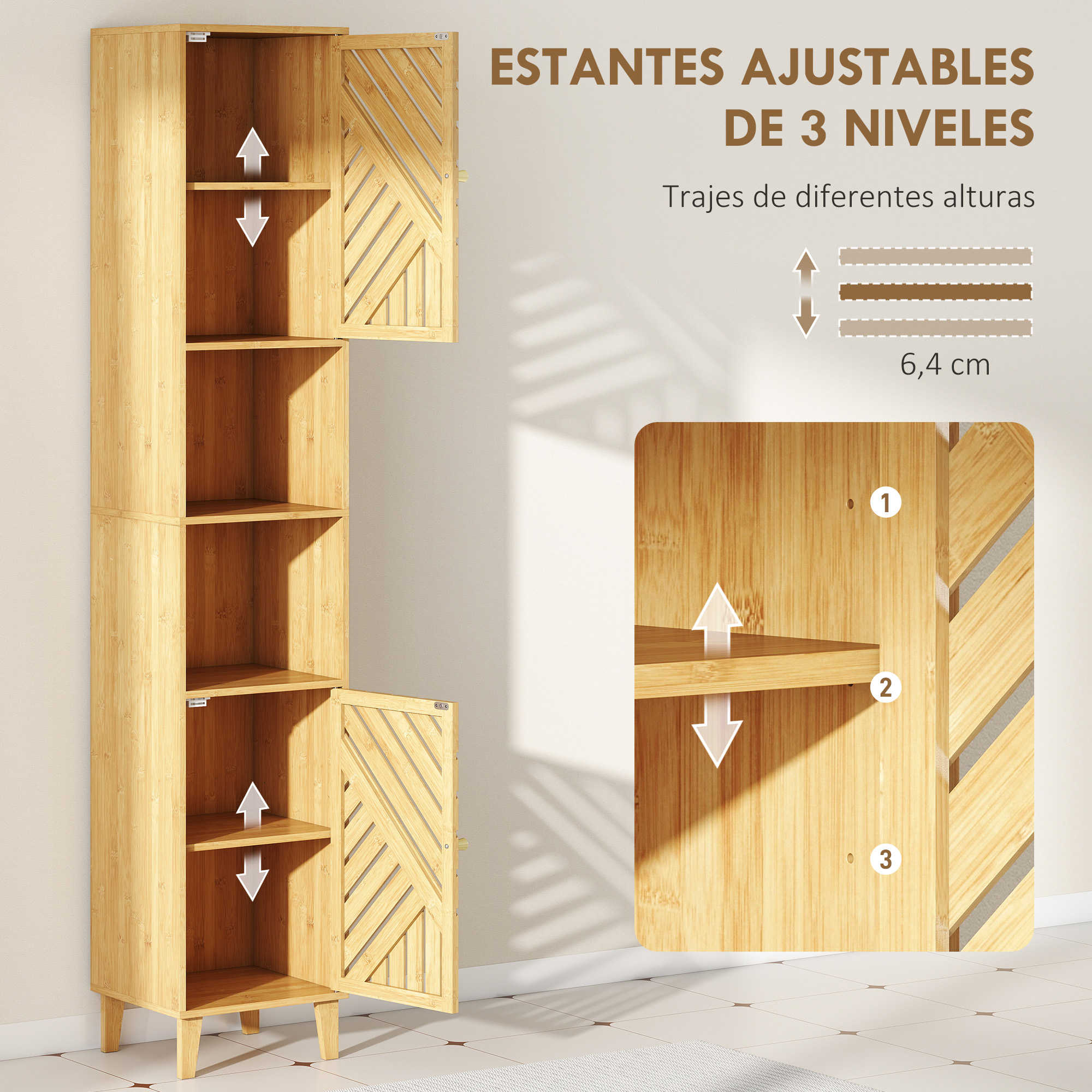 Un armario de madera alto y estrecho con 3 baldas ajustables y una puerta.