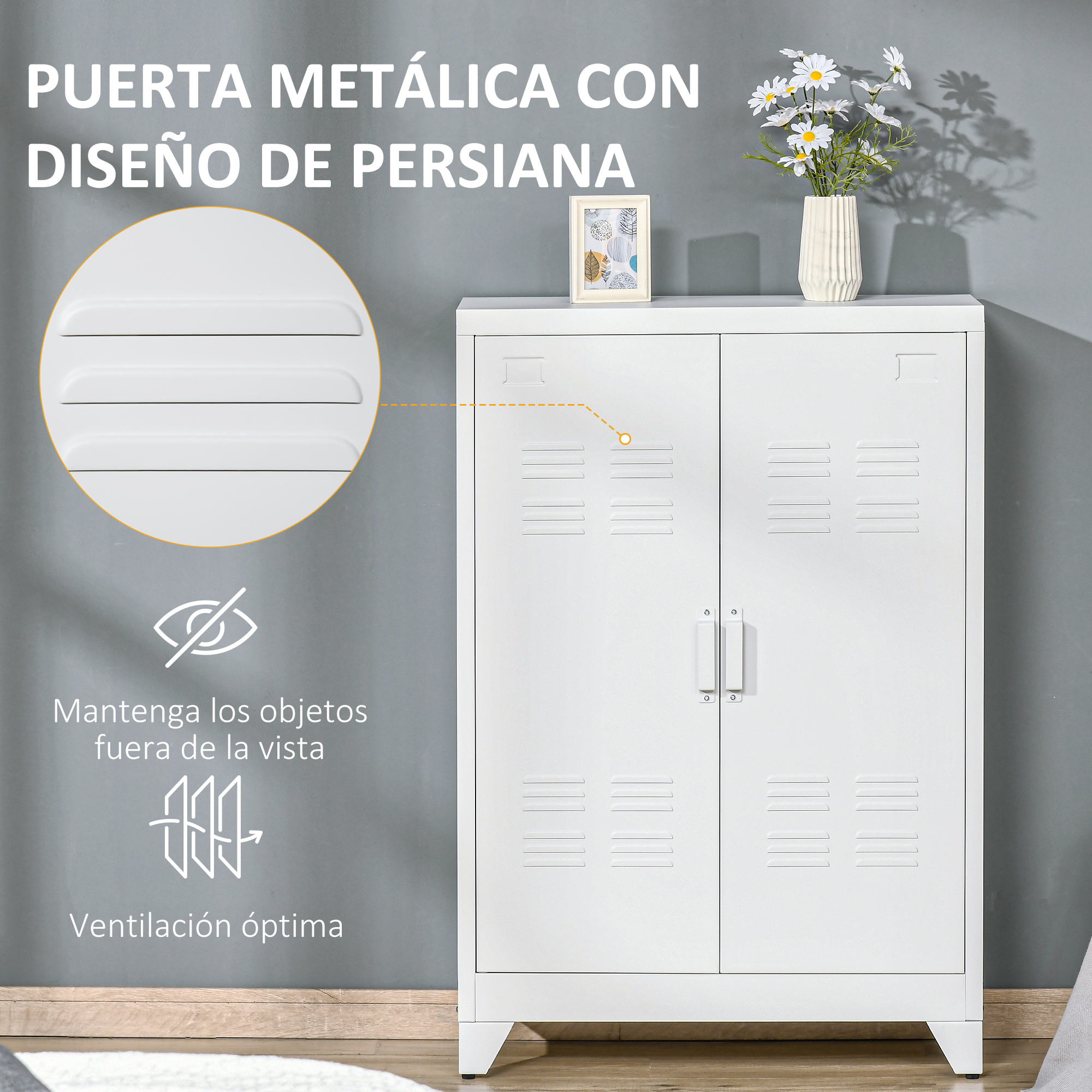 Armario metálico blanco con puertas de persiana, flores y un marco de fotos.