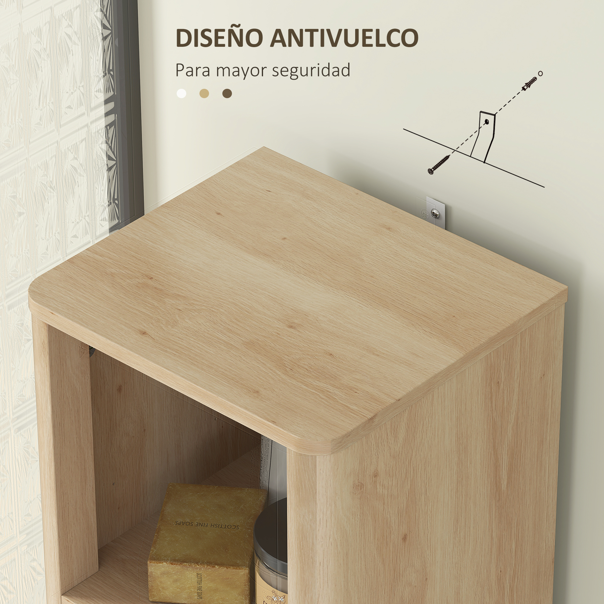 Estantería de madera con tres compartimentos, jabón a la izquierda.