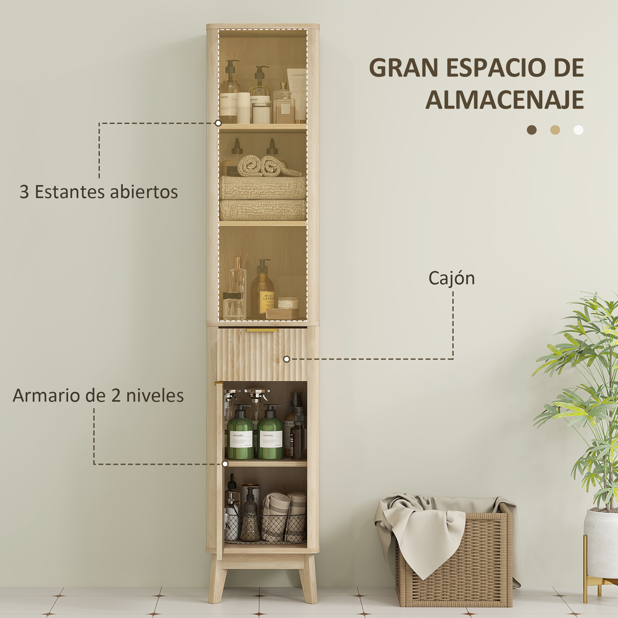 Un mueble alto de madera con estantes abiertos, cajón y dos puertas. Al lado, una cesta de ropa.