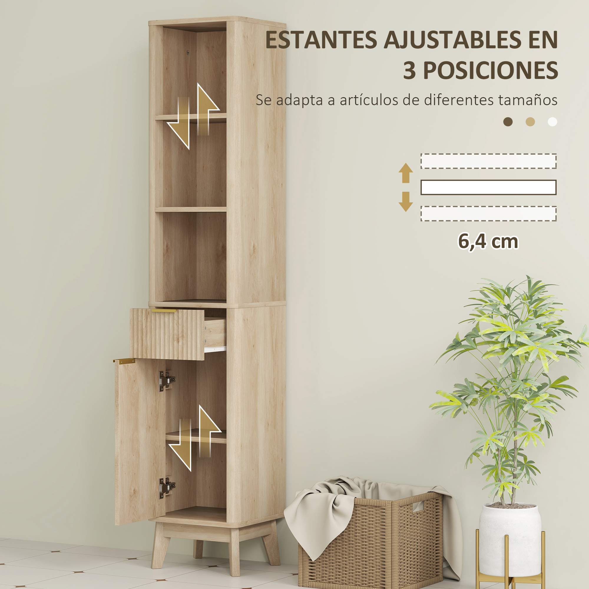 Un armario alto de madera clara con estantes, cajón y puerta abierta.