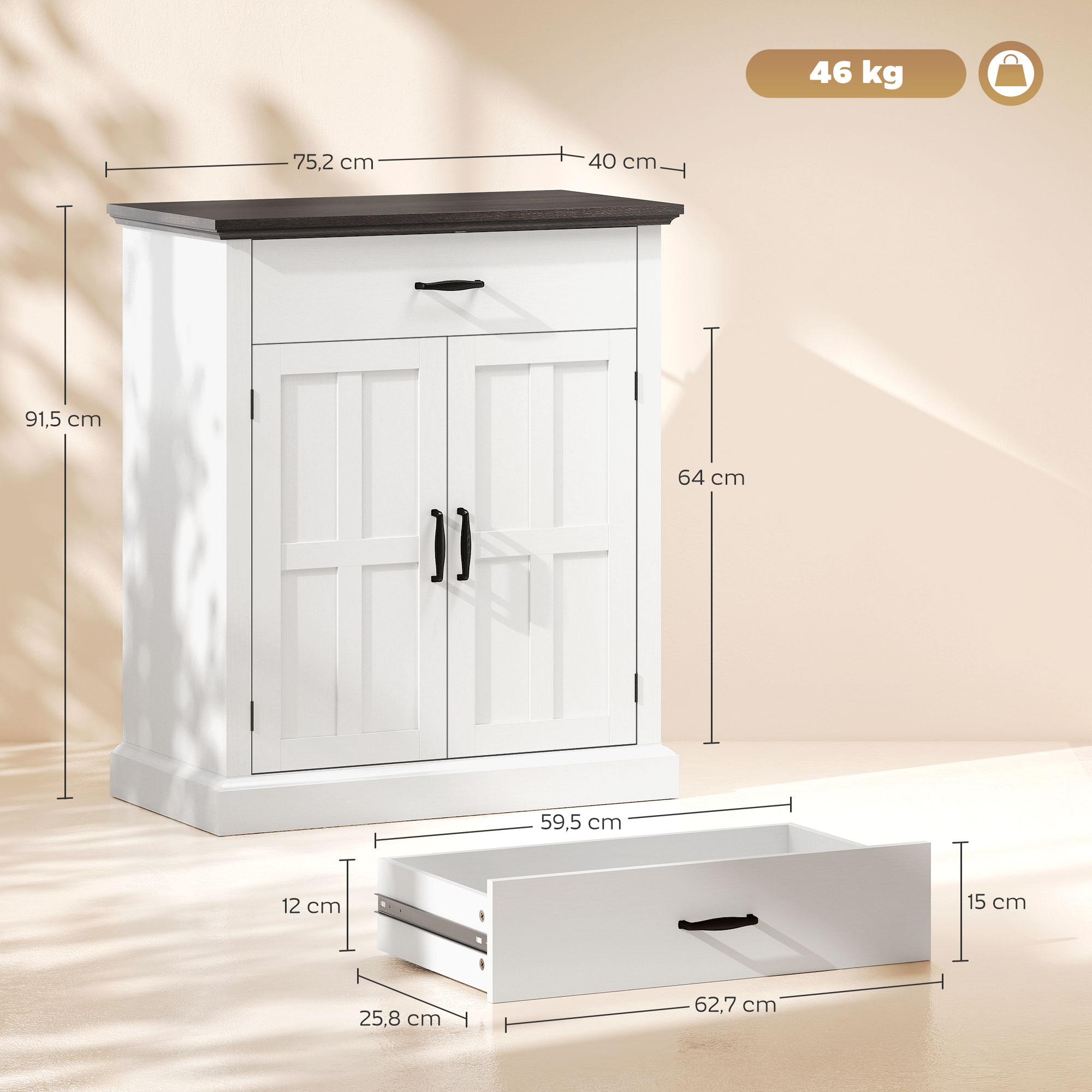 Armario blanco con tapa oscura y cajón, se muestran dimensiones.