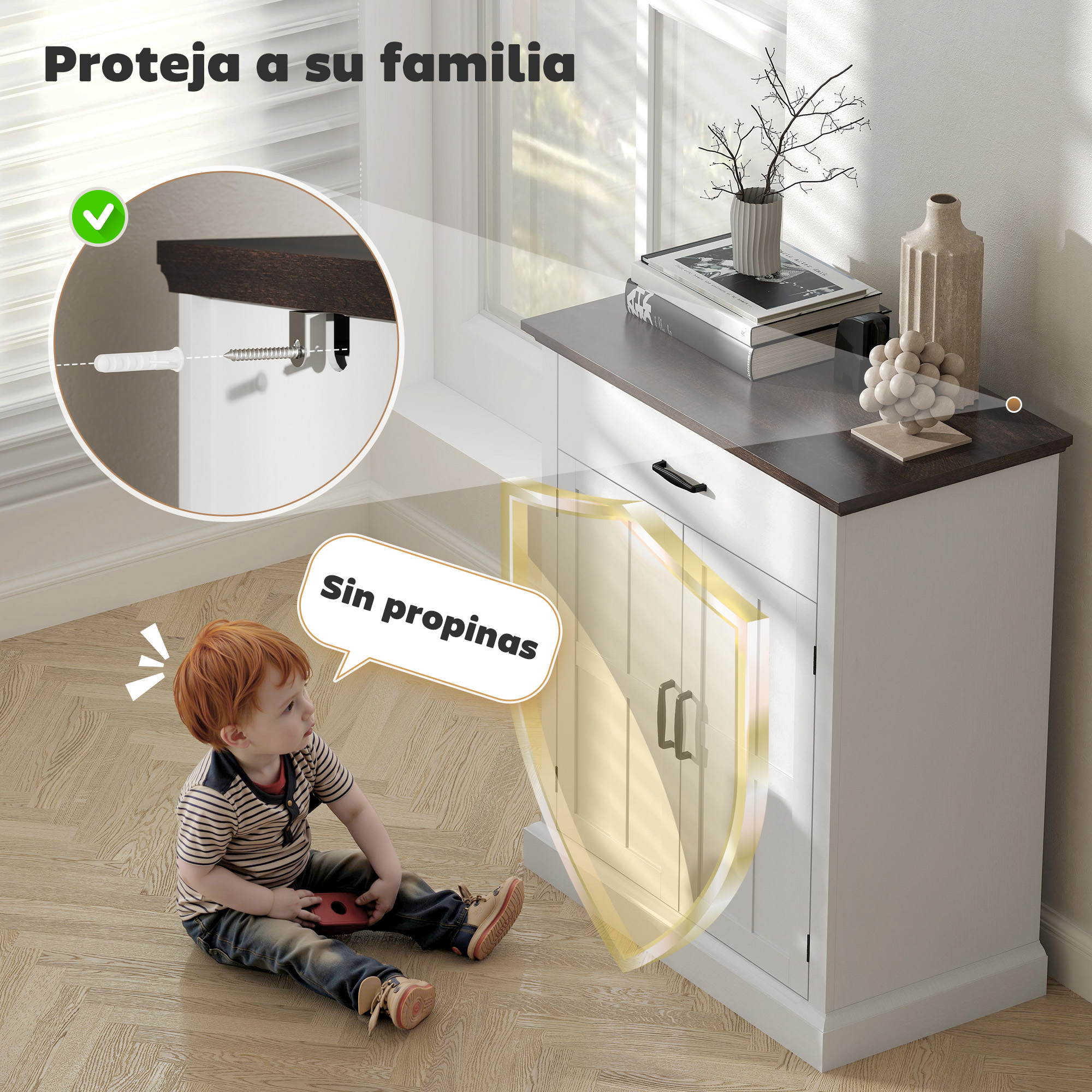 Un niño sentado en un suelo de madera frente a un armario blanco con tapa marrón.