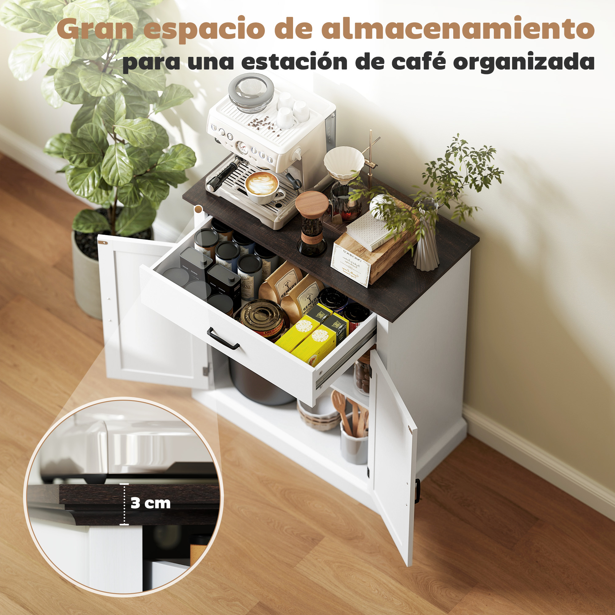 Un mueble blanco con cafetera, tazas y suministros.