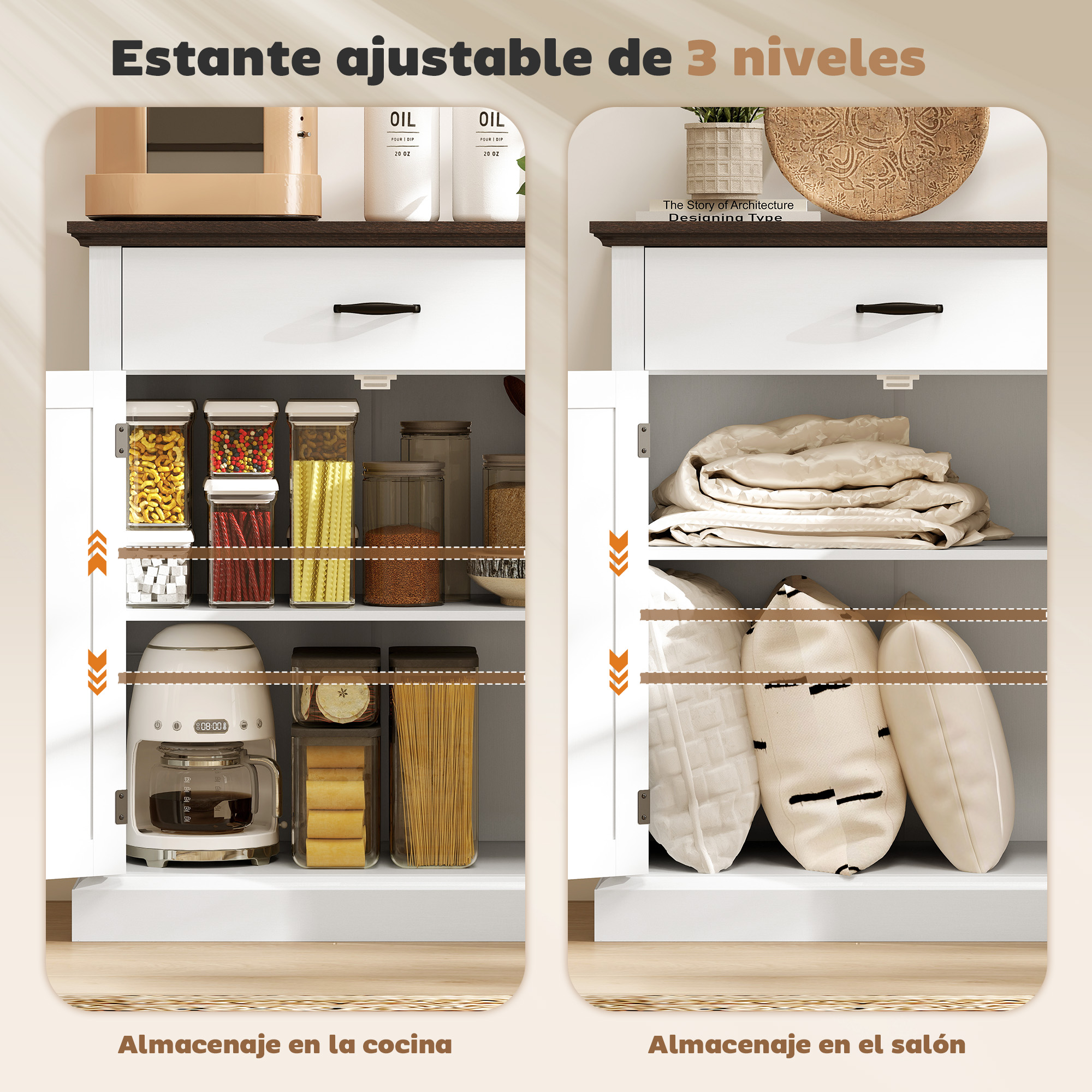 Un estante ajustable de 3 niveles con almacenamiento de cocina y ropa de cama.