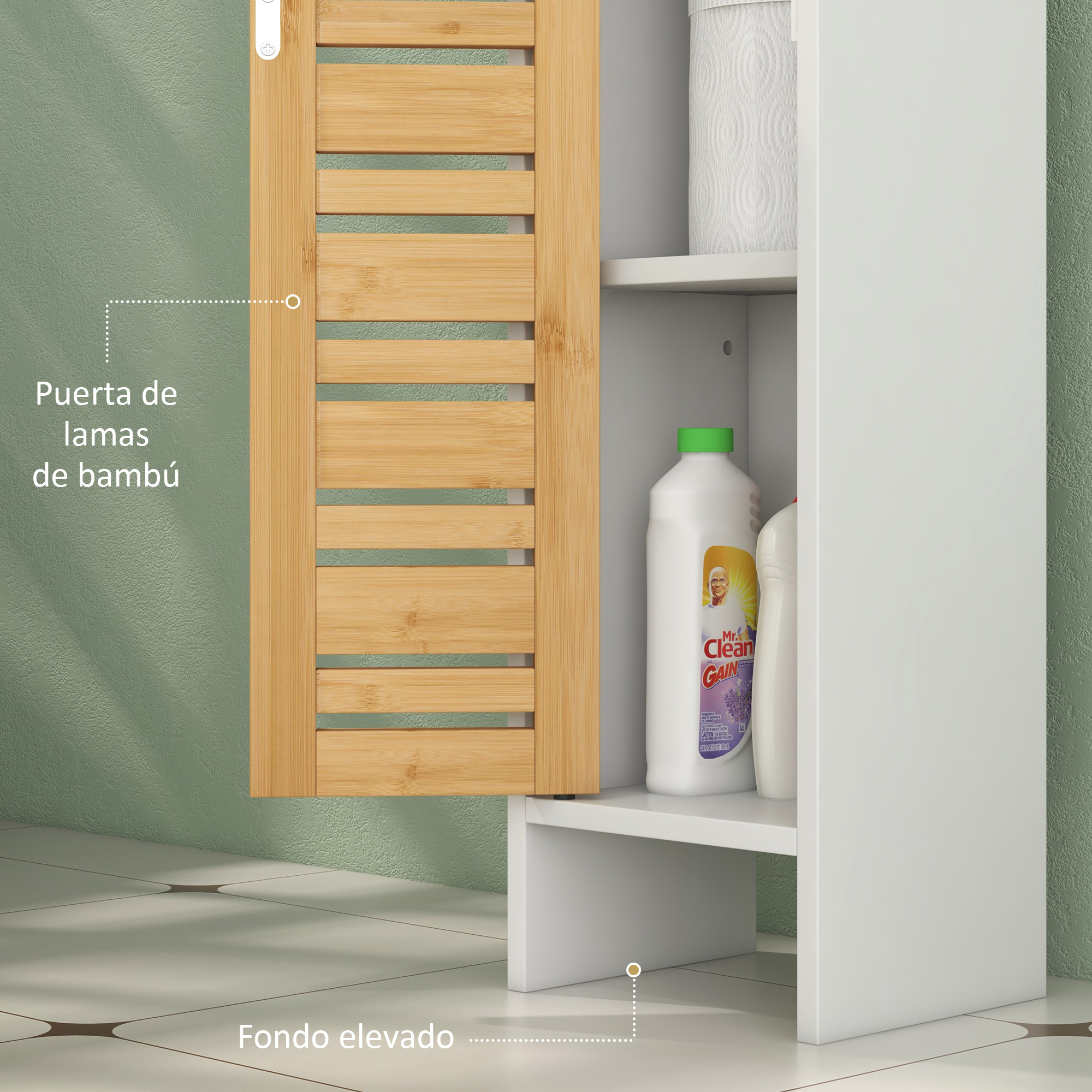 Un armario blanco con puerta de bambú y productos de limpieza.