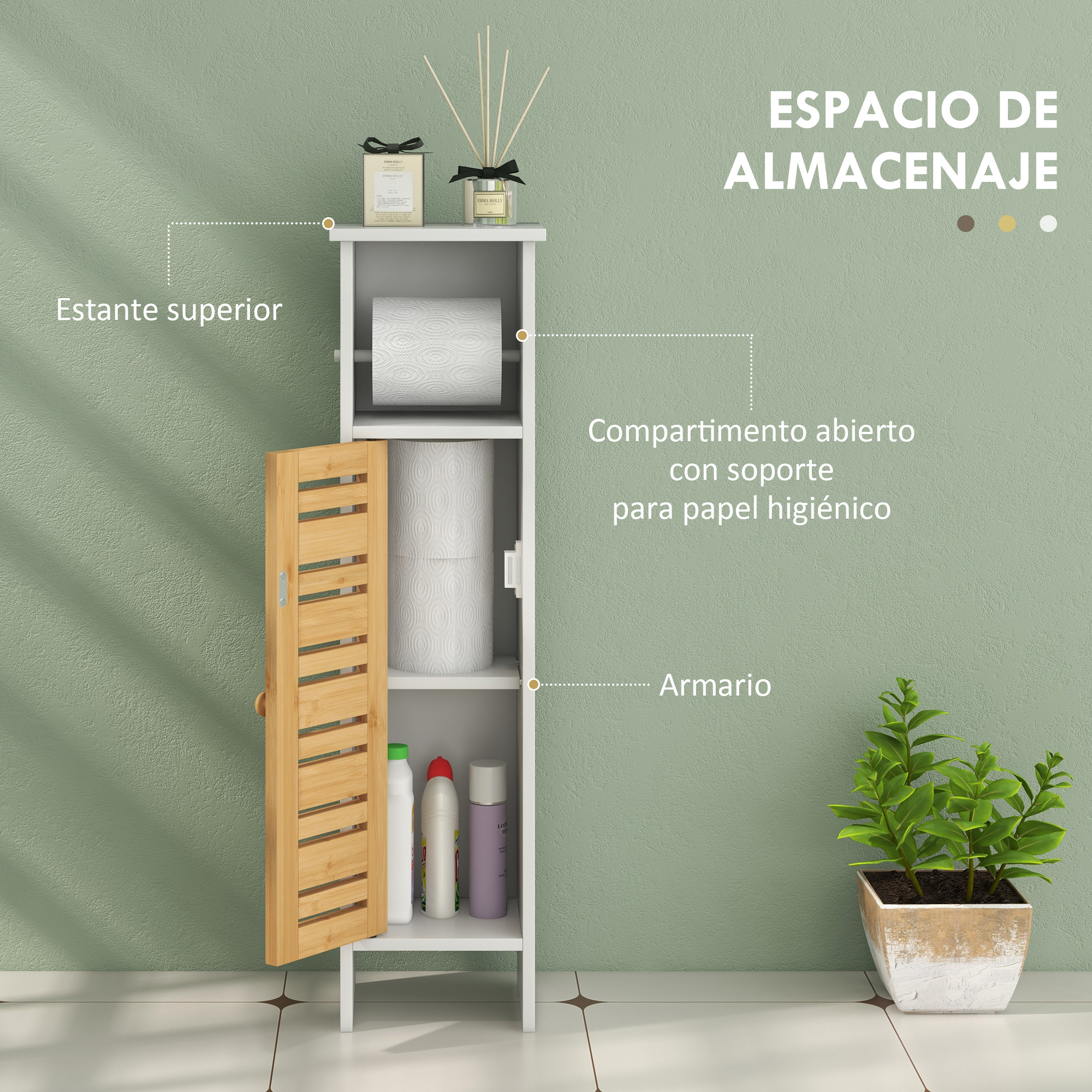 Un armario blanco alto y estrecho con puerta de madera, con papel higiénico y botellas.