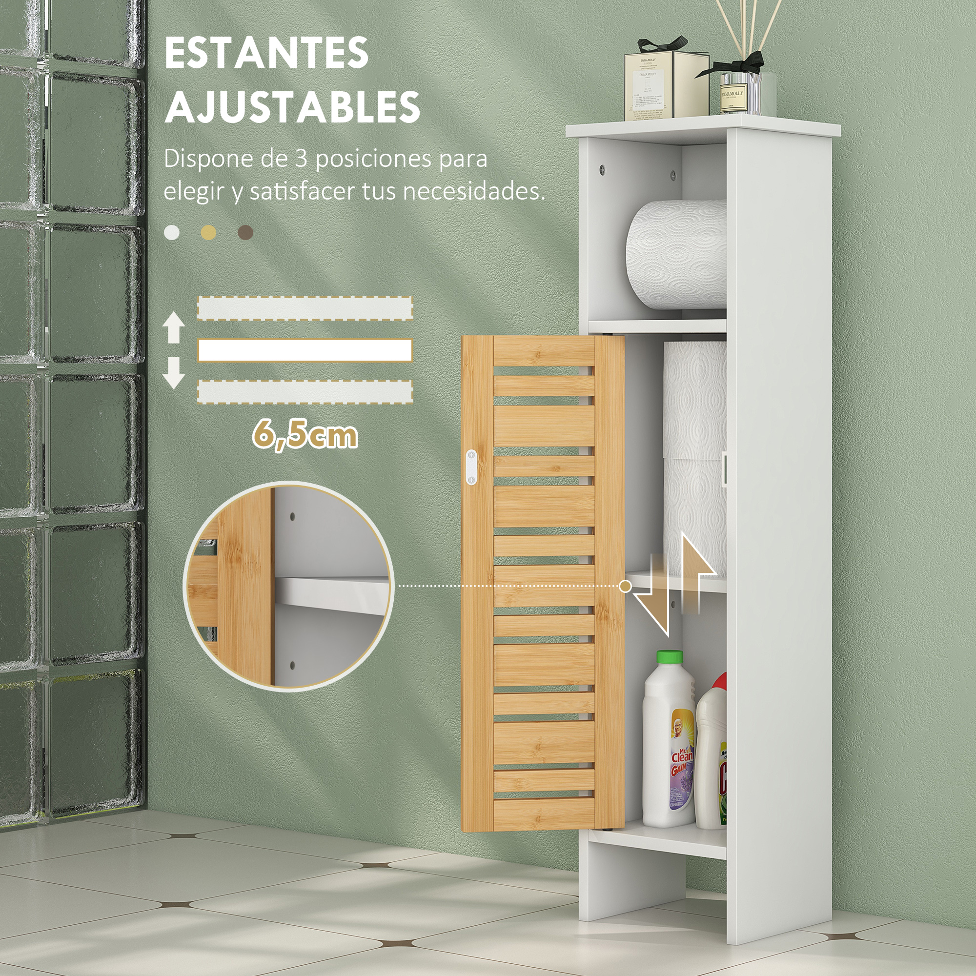 Un armario blanco con puerta de madera muestra rollos, botellas y decoración. Estantes ajustables.